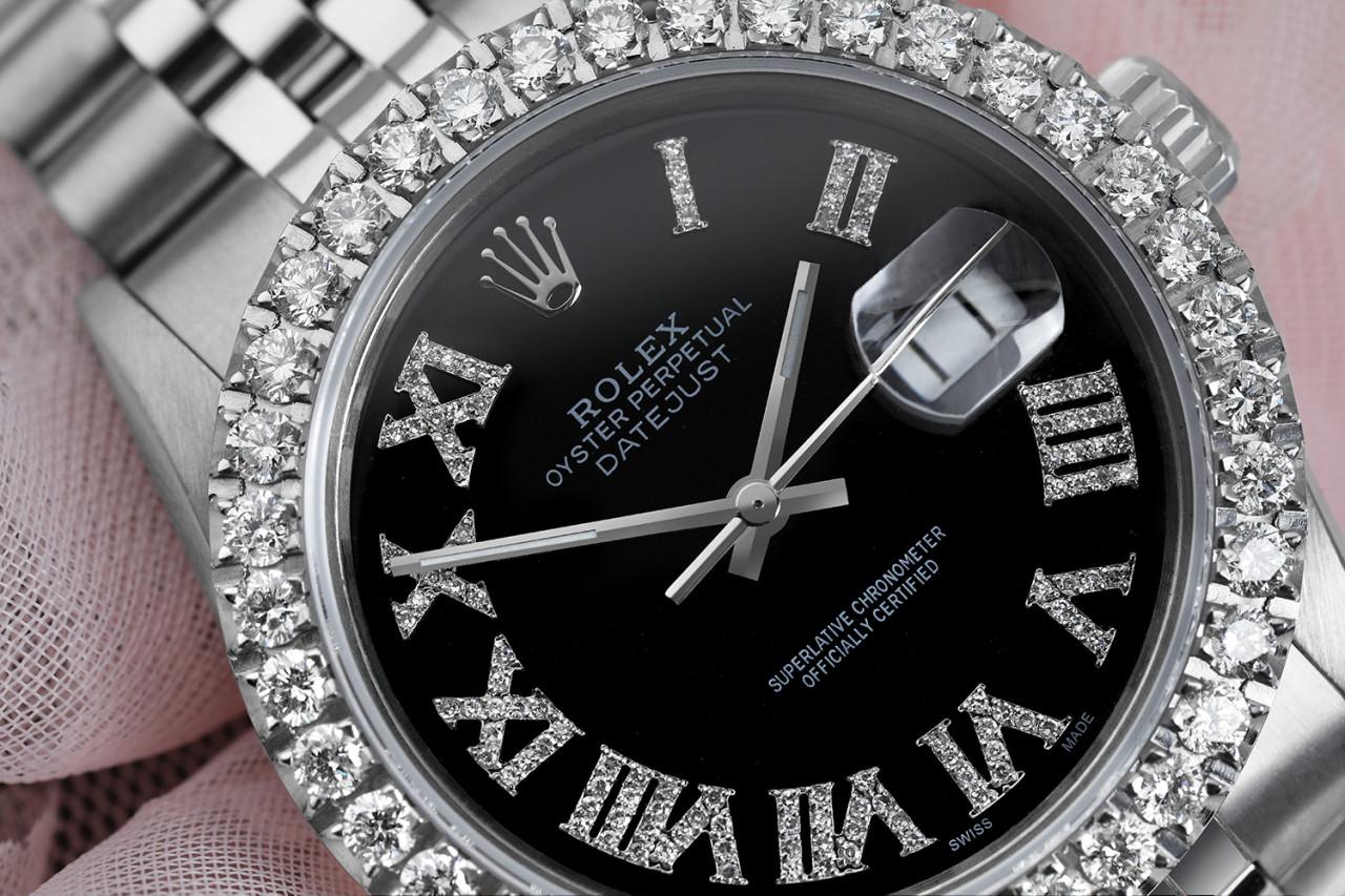 Rolex 36mm Datejust Custom Diamond Bezel, Black Diamond Roman Dial 16014
This watch is in like new condition. It has been polished, serviced and has no visible scratches or blemishes. All our watches come with a standard 1 year mechanical warranty