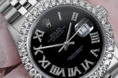 Rolex Datejust Custom Diamond Bezel, Black Dial with Diamond Roman Numerals