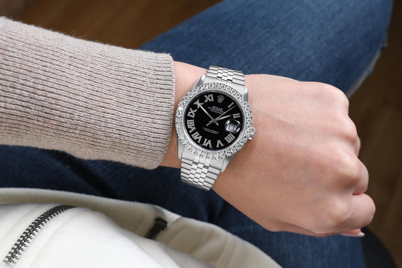 Uomo Rolex Datejust Custom Lunetta con diamanti, quadrante nero con numeri romani con diamanti in vendita