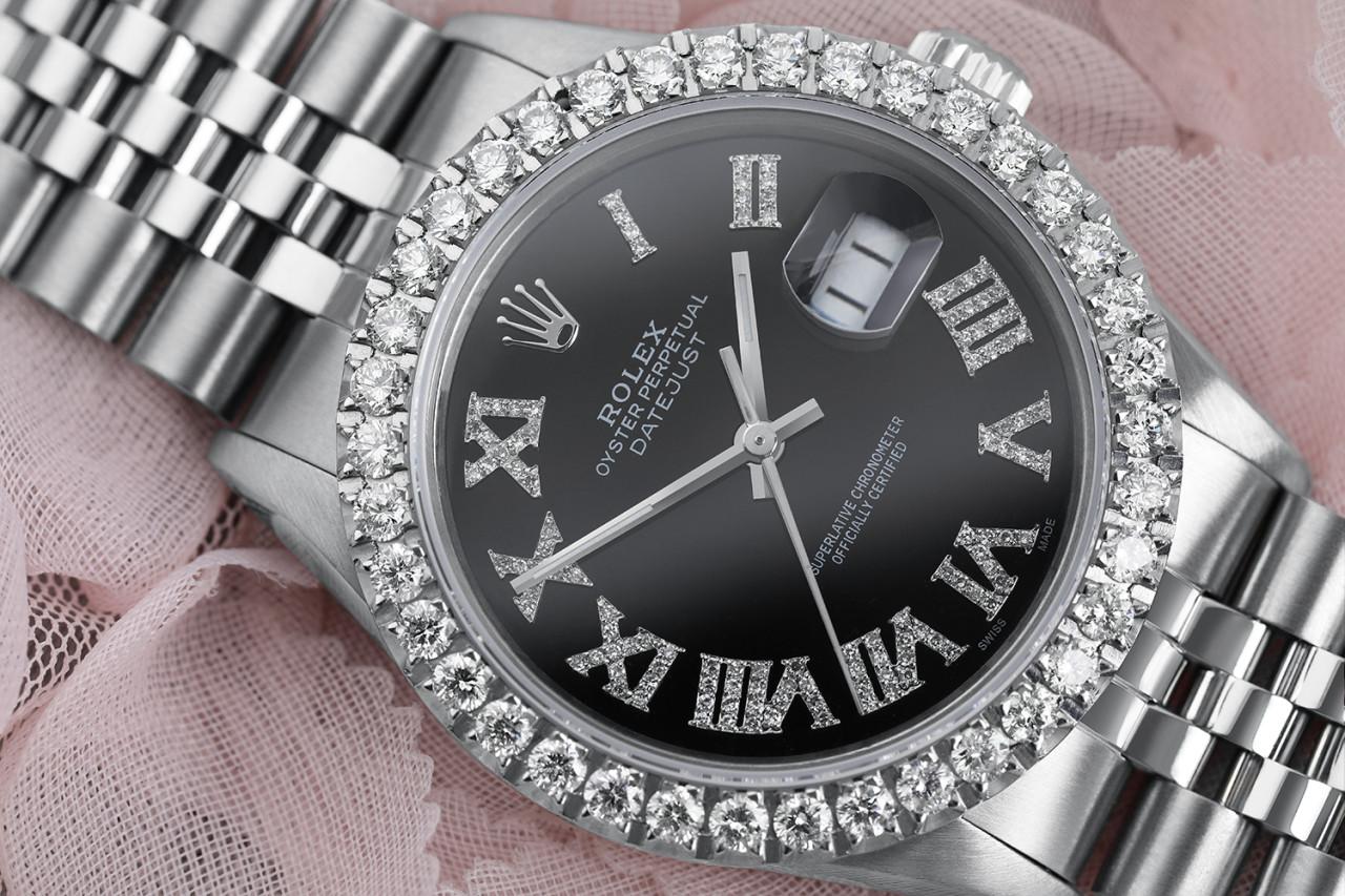 Rolex Montre Datejust 36 mm avec lunette personnalisée en diamants et cadran noir avec chiffres romains en diamants