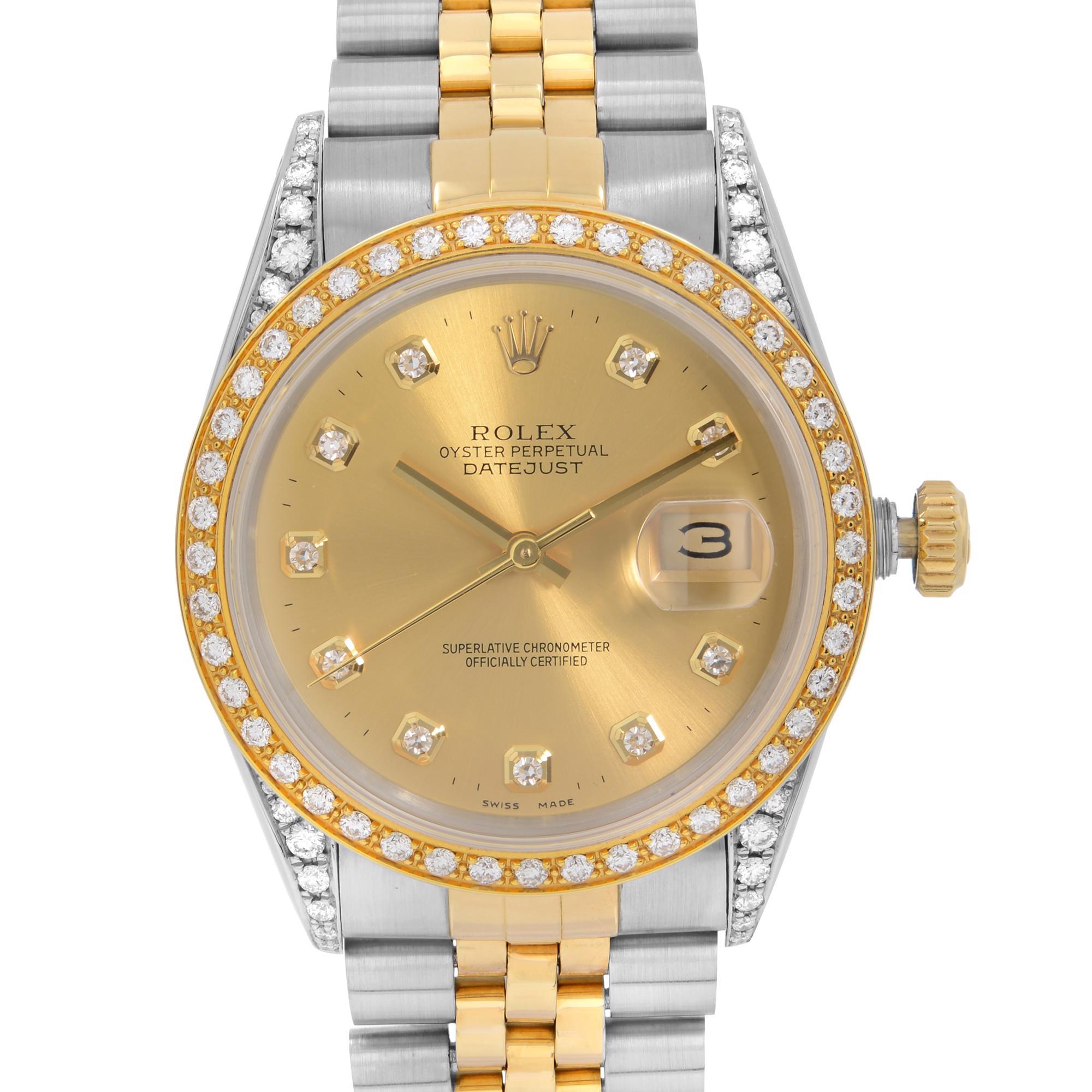 Pre-owned Rolex Datejust 36mm Custom Diamond Bezel and Custom Champagne Dial Men's Automatic Watch 16013. The watch was Produced in 1986.  The band Have moderate slack. Lugs have Custom Diamond as in pictures. This beautiful time-piece is powered by
