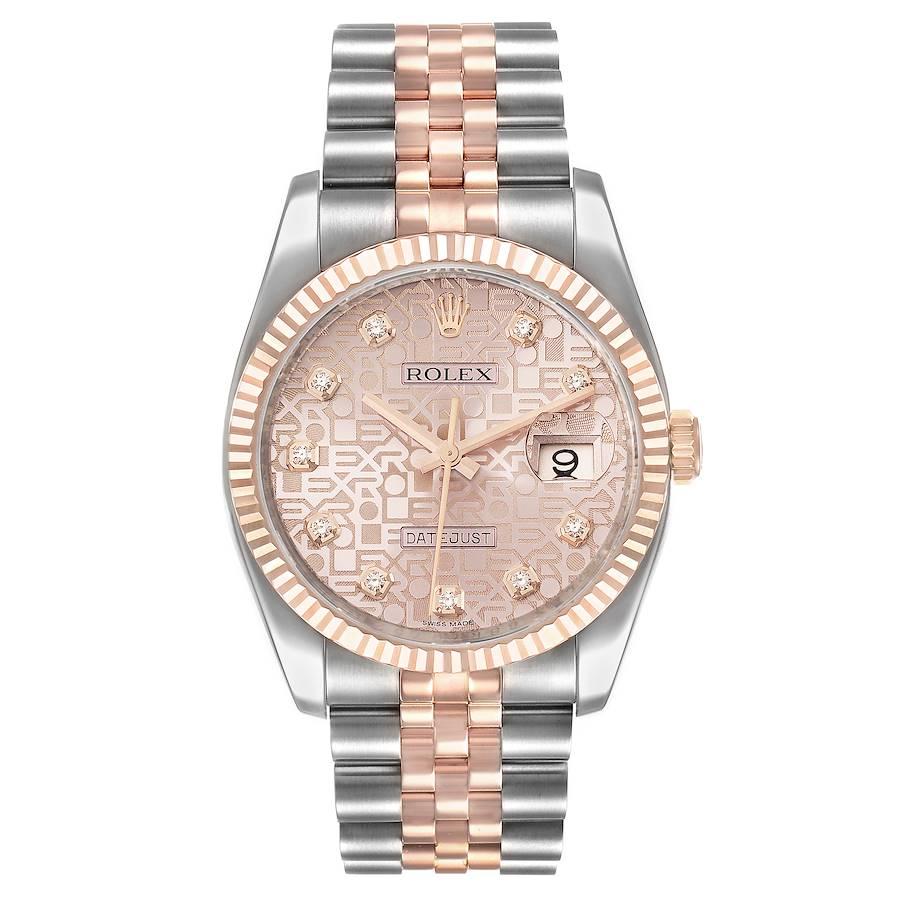 Rolex Datejust 36mm Dial Steel Rose Gold Diamond Unisex Watch 116231 Box Card. Officially certified chronometer self-winding movement. Stainless steel and Everose gold case 36mm in diameter. Rolex logo on a 18K rose gold crown. 18k rose gold fluted