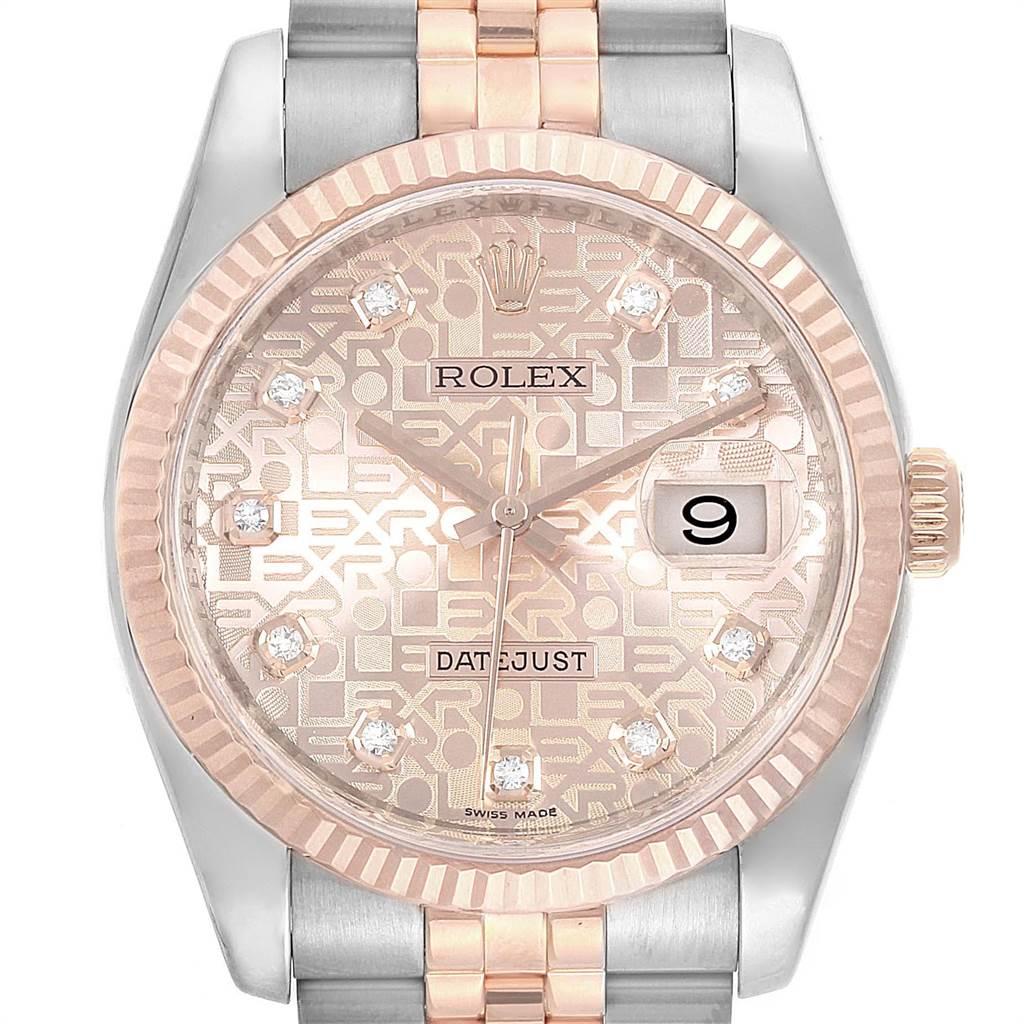 Rolex Datejust 36mm Dial Steel Rose Gold Diamond Unisex Watch 116231. Officially certified chronometer self-winding movement. Stainless steel and Everose gold case 36mm in diameter. Rolex logo on a 18K rose gold crown. 18k rose gold fluted bezel.