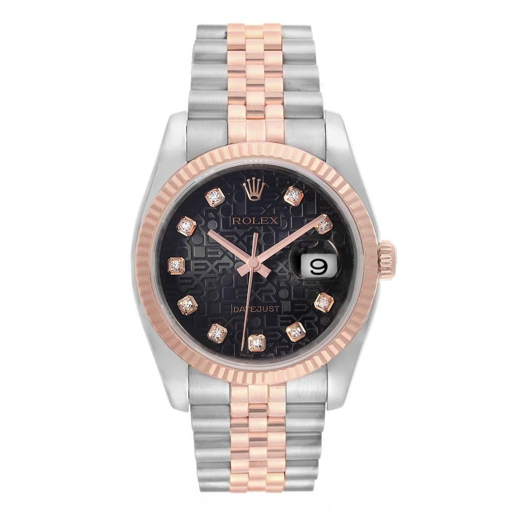 Rolex Datejust 36mm Dial Steel Rose Gold Diamond Unisex Watch 116231. Officially certified chronometer self-winding movement. Stainless steel and Everose gold case 36mm in diameter. Rolex logo on a 18K rose gold crown. 18k rose gold fluted bezel.