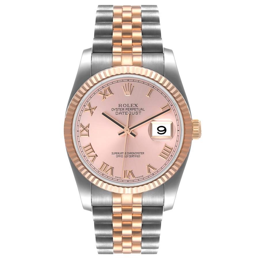 Rolex Datejust 36mm Dial Steel Rose Gold Rose Dial Unisex Watch 116231. Officially certified chronometer self-winding movement. Stainless steel and Everose gold case 36mm in diameter. Rolex logo on a 18K rose gold crown. 18k rose gold fluted bezel.