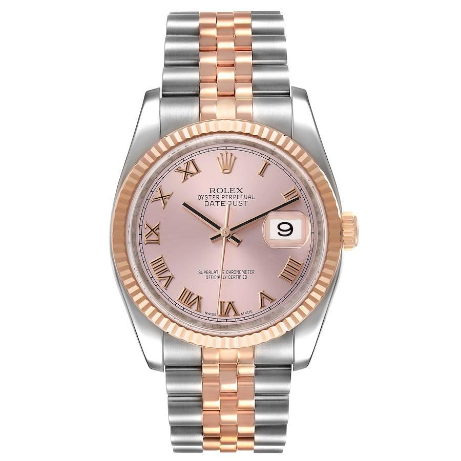 Rolex Datejust 36mm Zifferblatt Stahl Rose Gold Rose Dial Unisex Uhr 116231. Offiziell zertifiziertes Chronometerwerk mit automatischem Aufzug. Gehäuse aus Edelstahl und Everosegold mit einem Durchmesser von 36 mm. Rolex-Logo auf einer Krone aus 18