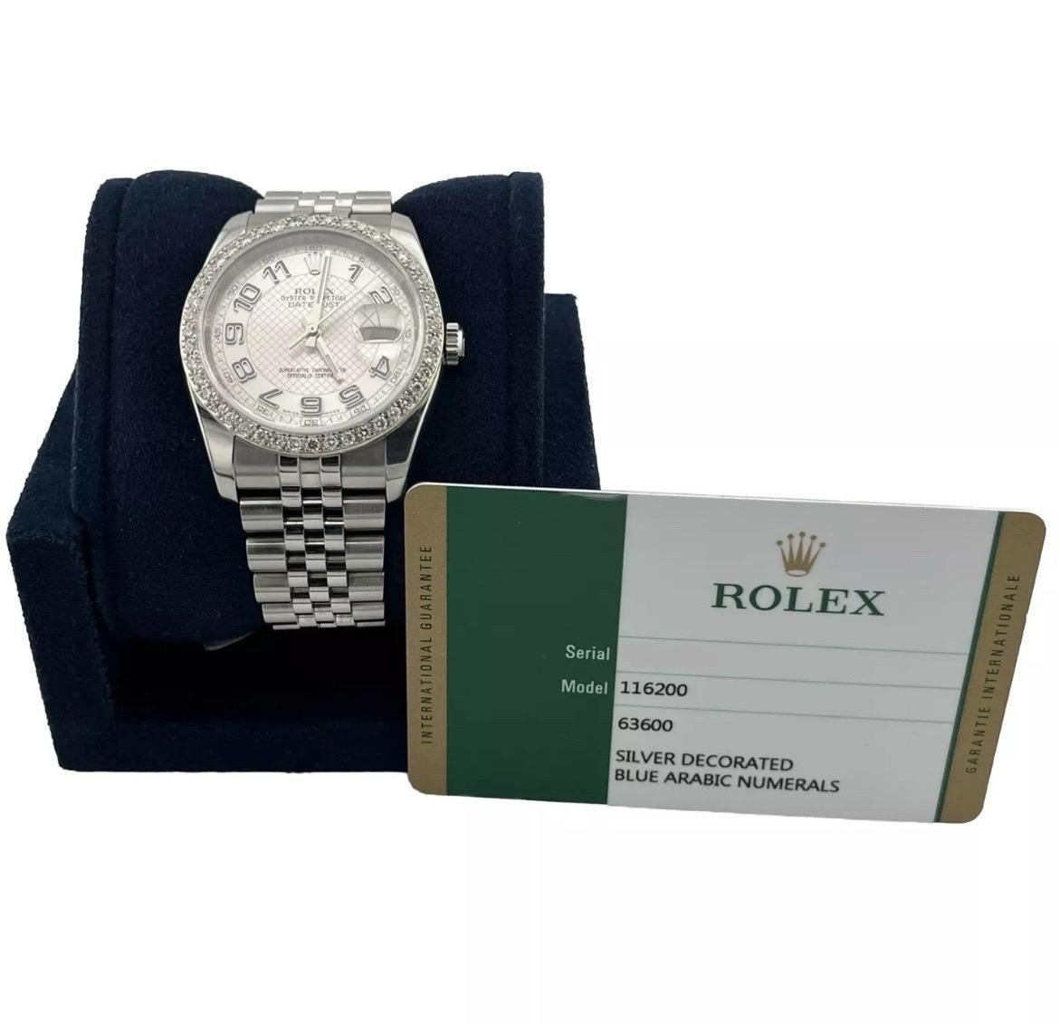 Modern elegance meets timeless craftsmanship in this stunning Rolex Datejust 36mm, designed for those who appreciate subtle luxury with a distinctive twist. Crafted from stainless steel, the watch features a brilliant custom-set diamond bezel,