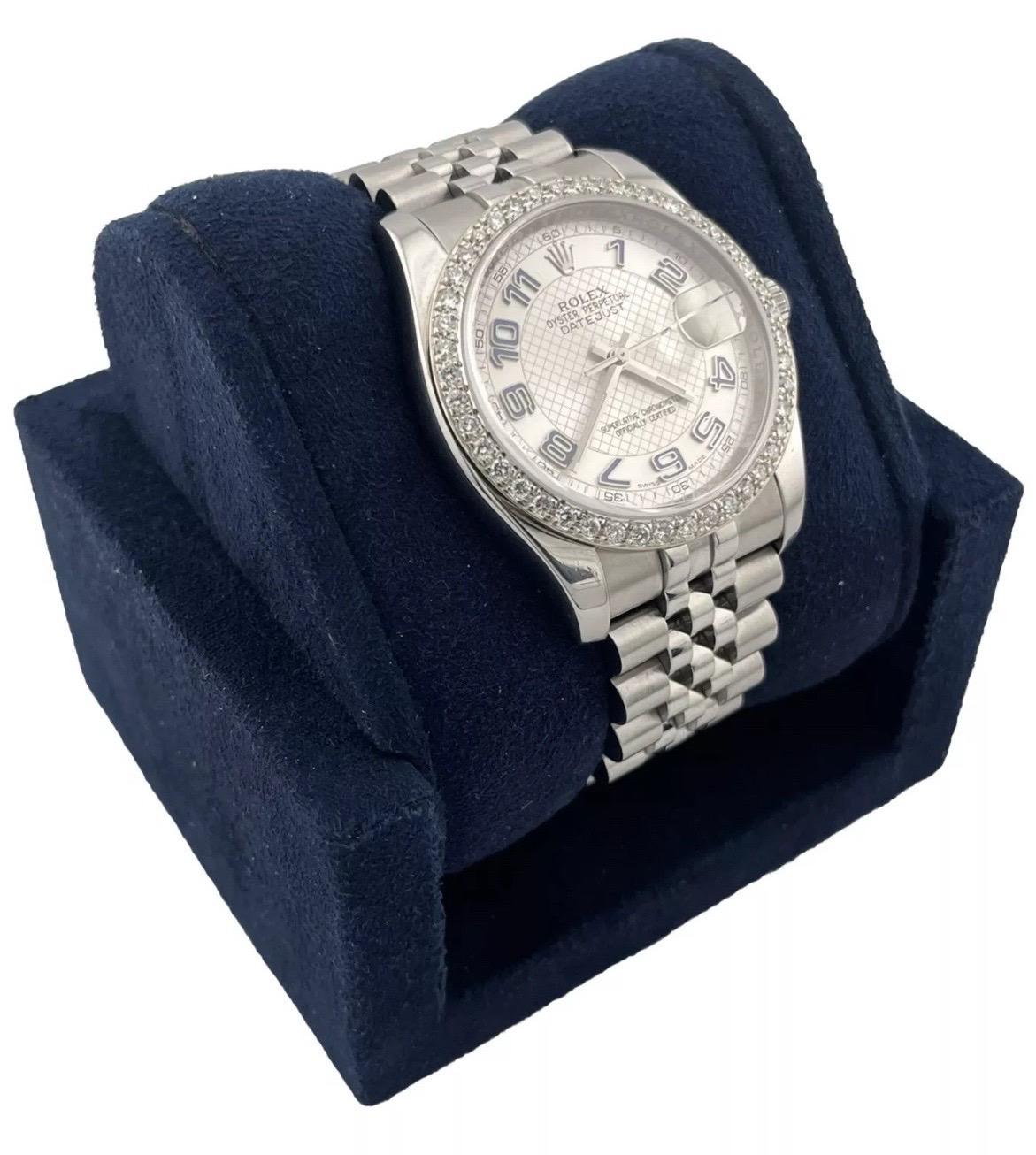 Round Cut Rolex Datejust 36mm Diamond Bezel Concentric Silver Blue Dial Stainless Steel For Sale