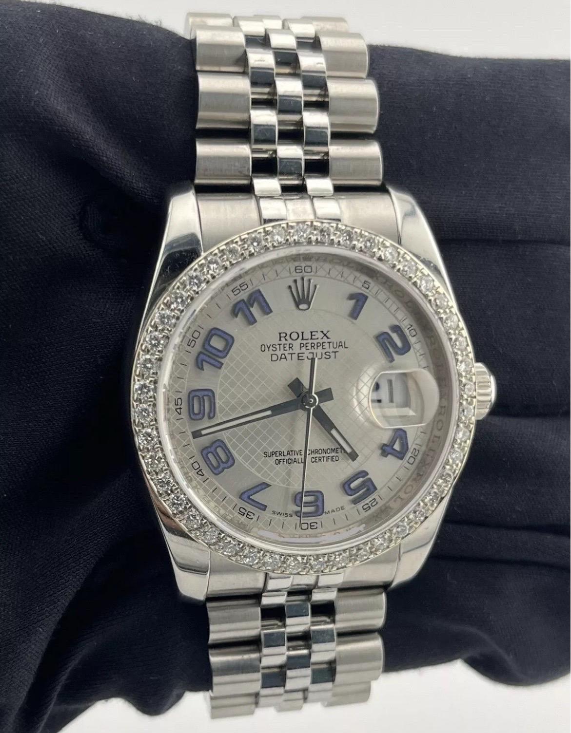 Rolex Datejust 36mm Diamond Bezel Concentric Silver Blue Dial Stainless Steel For Sale 4