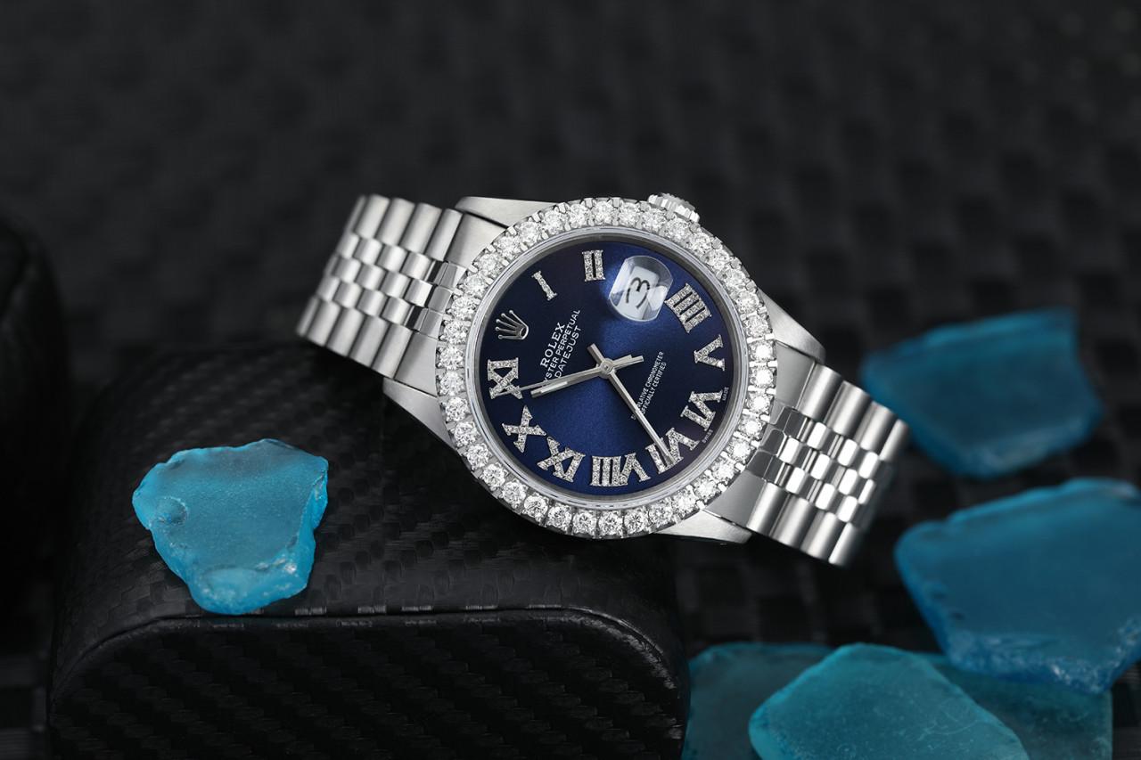 Rolex Datejust 36mm Diamond Bezel Navy Blue Diamond Roman Dial Jubilee Bracelet 16014

This watch is in like new condition. It has been polished, serviced and has no visible scratches or blemishes. All our watches come with a standard 1 year
