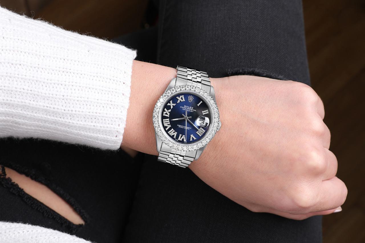 Rolex, bracelet Datejust avec cadran romain et lunette en diamant bleu marine en vente 1