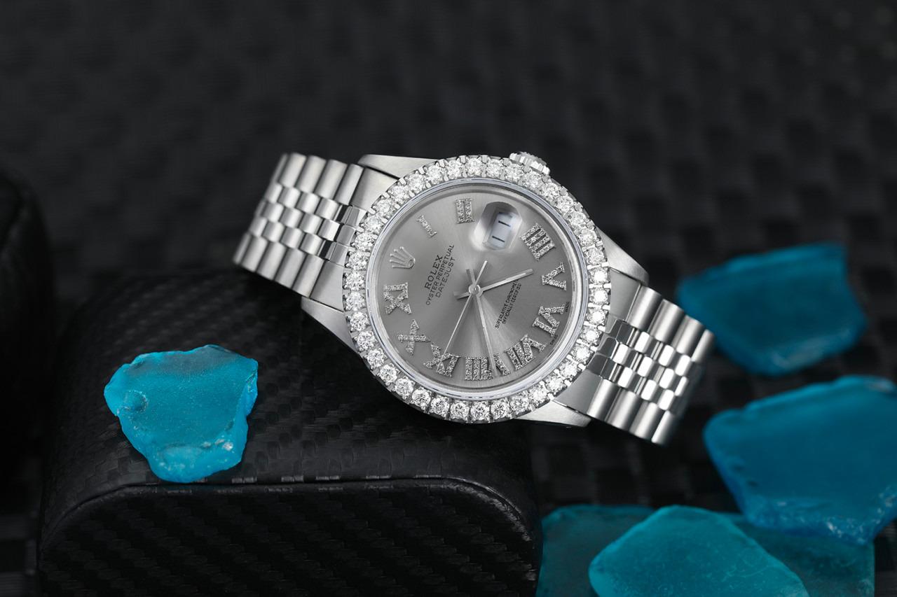 Round Cut Rolex Datejust Diamond Bezel White Mother of Pearl Diamond Dial Watch 16014 For Sale