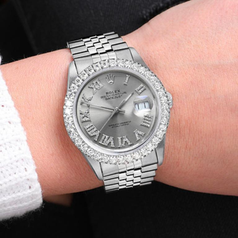 Rolex Datejust Diamond Bezel White Mother of Pearl Diamond Dial Watch 16014 In Excellent Condition For Sale In New York, NY