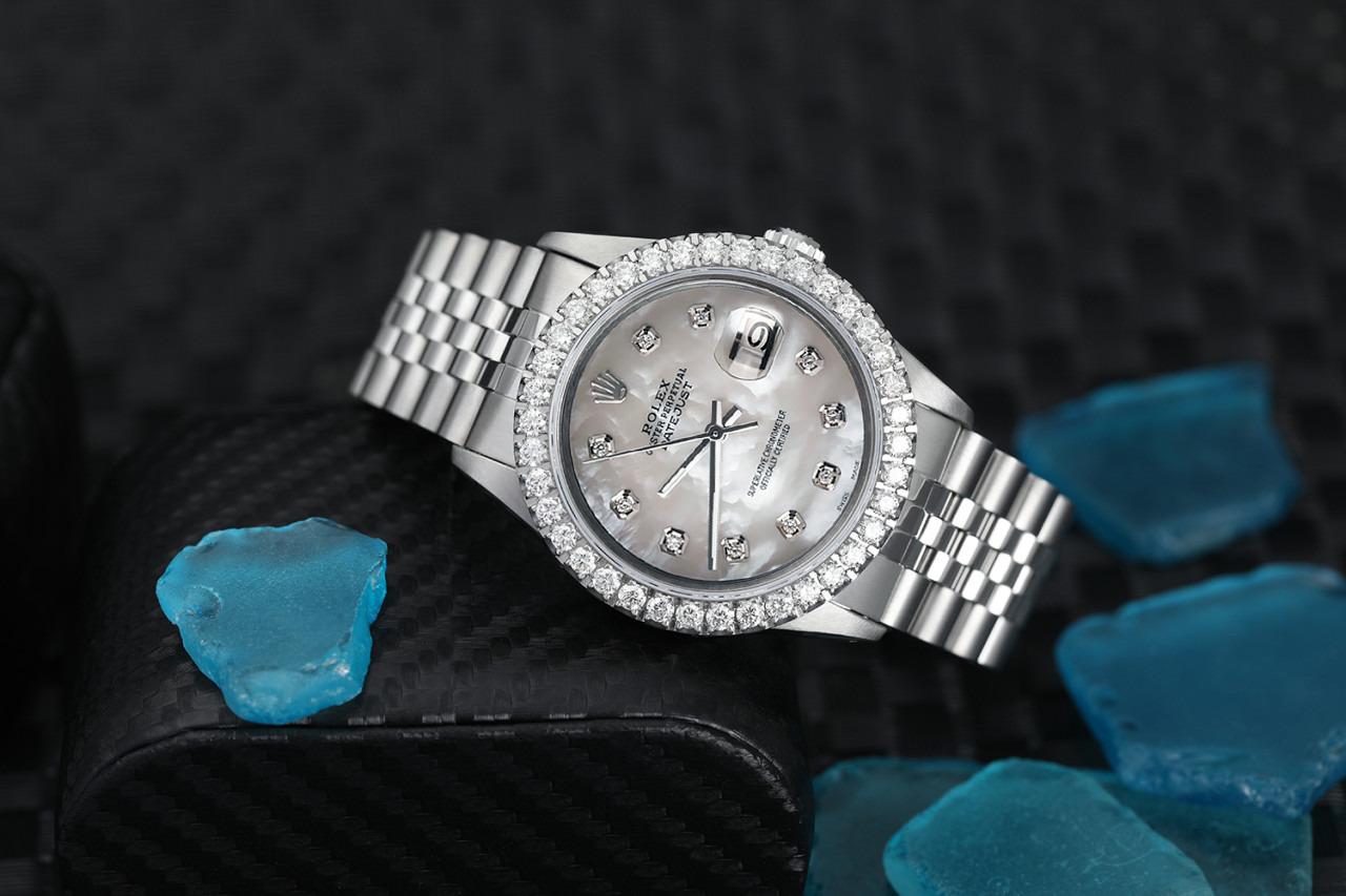 Rolex Datejust 36mm Diamant-Lünette weißes Perlmutt Diamant-Zifferblatt Jubiläum Armband 16014
