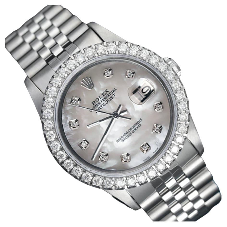 Montre Rolex Datejust à lunette en diamant et cadran en nacre blanche et diamants en vente