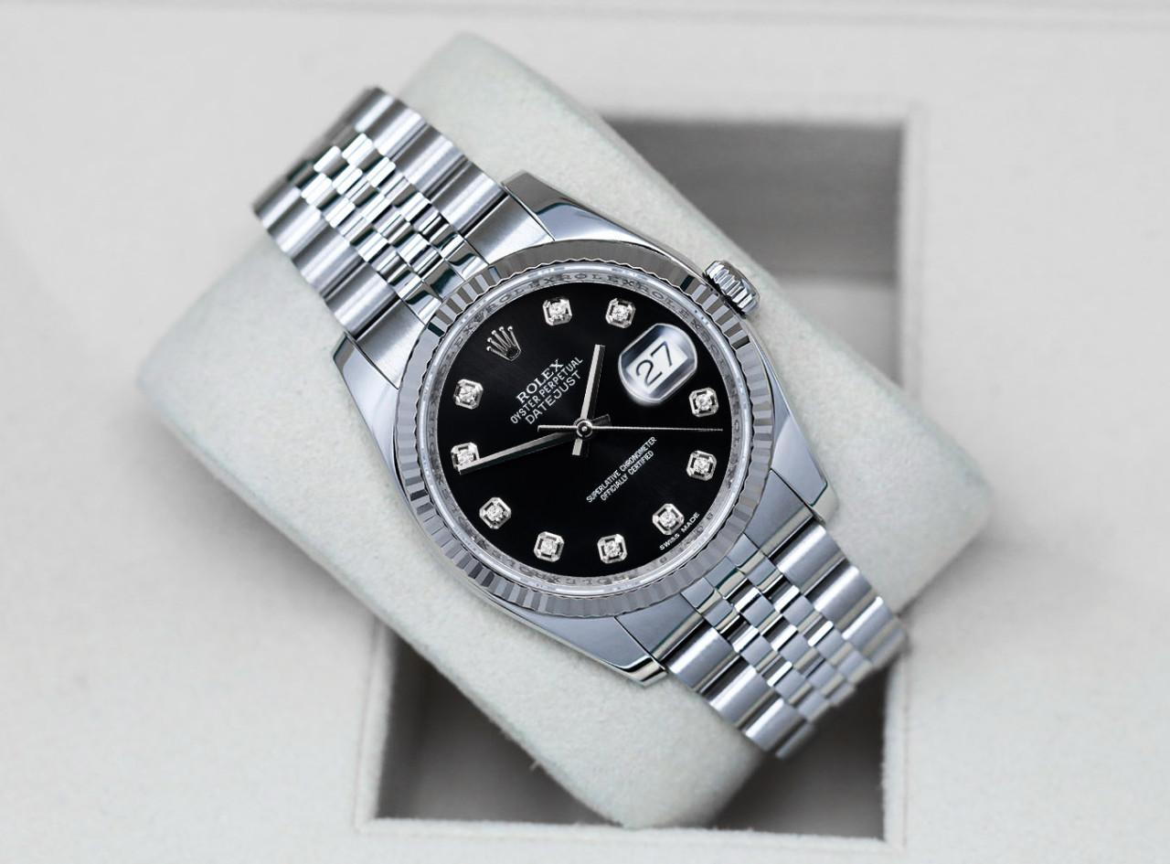 Rolex Datejust 36mm Factory Black Diamond Dial Jubilee Bracelet Stainless Steel and White Gold Watch 116234. 

This watch is in perfect condition. It has been polished, professionally serviced and has no visible scratches or blemishes. Great option