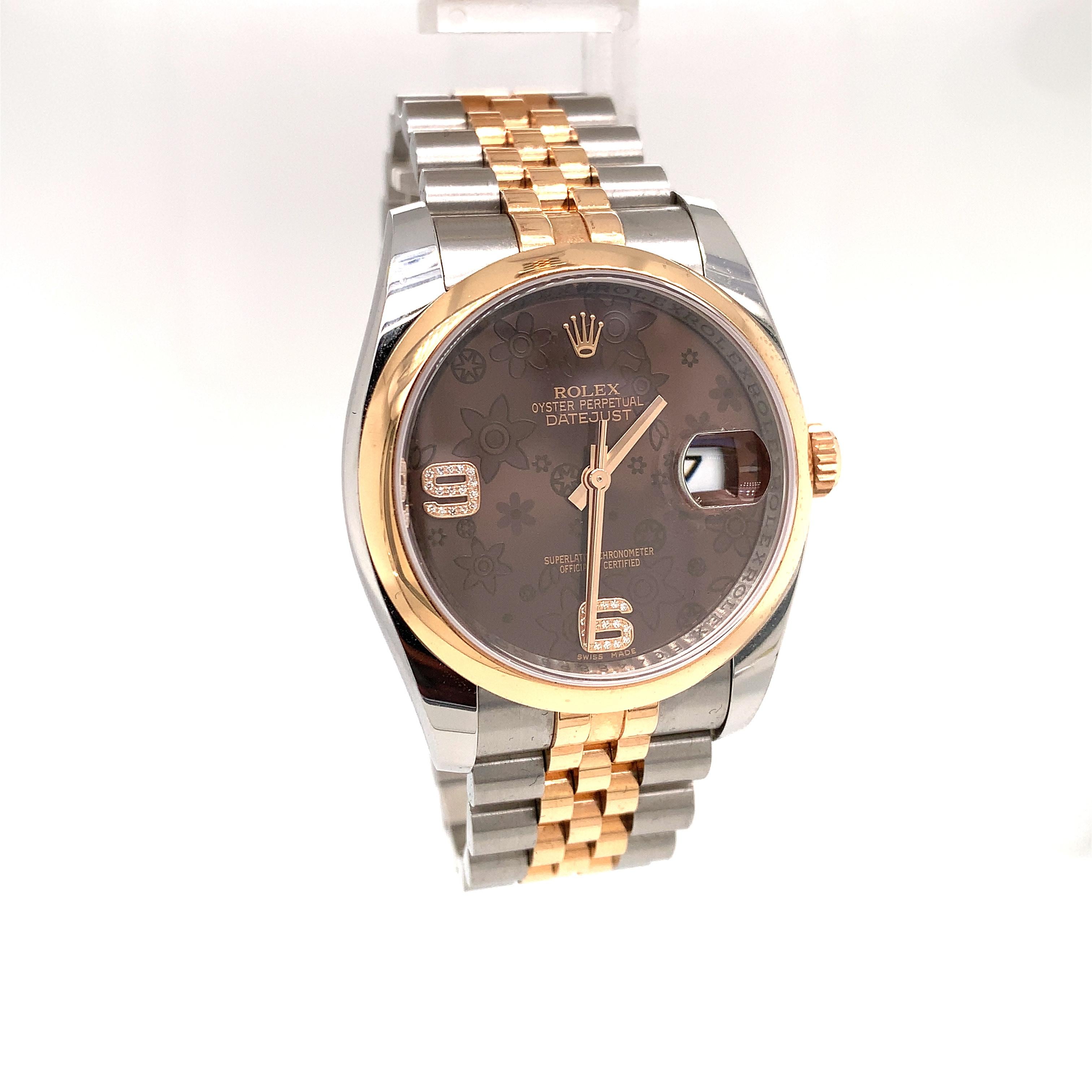 Rolex Datejust 36mm Floral Dial Dial Two Tone Jubilee In Excellent Condition In Aventura, FL