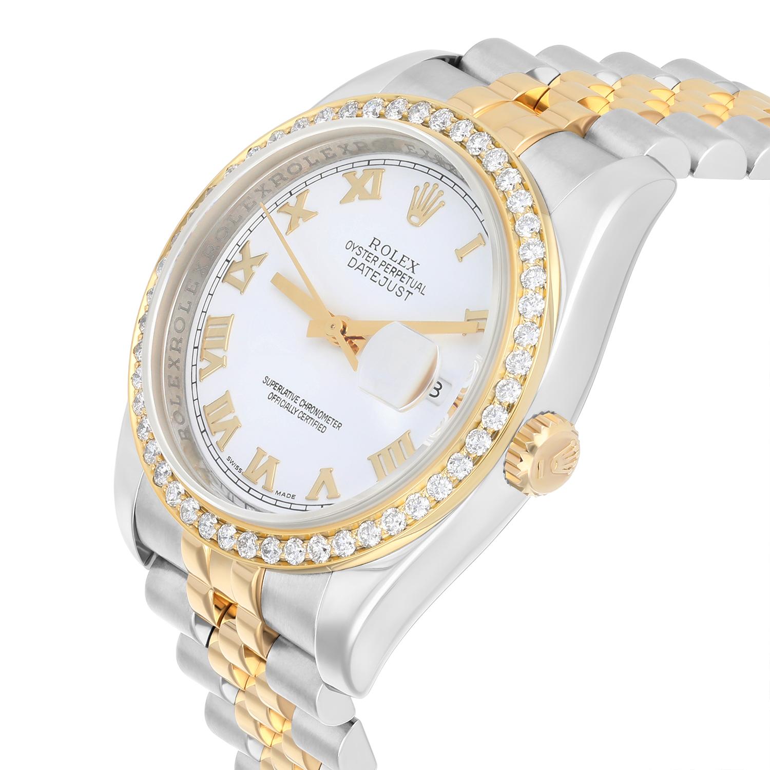 Women's or Men's Rolex Datejust 36mm Gold/Steel 116233 Diamond Bezel White Roman Dial Jubilee  For Sale