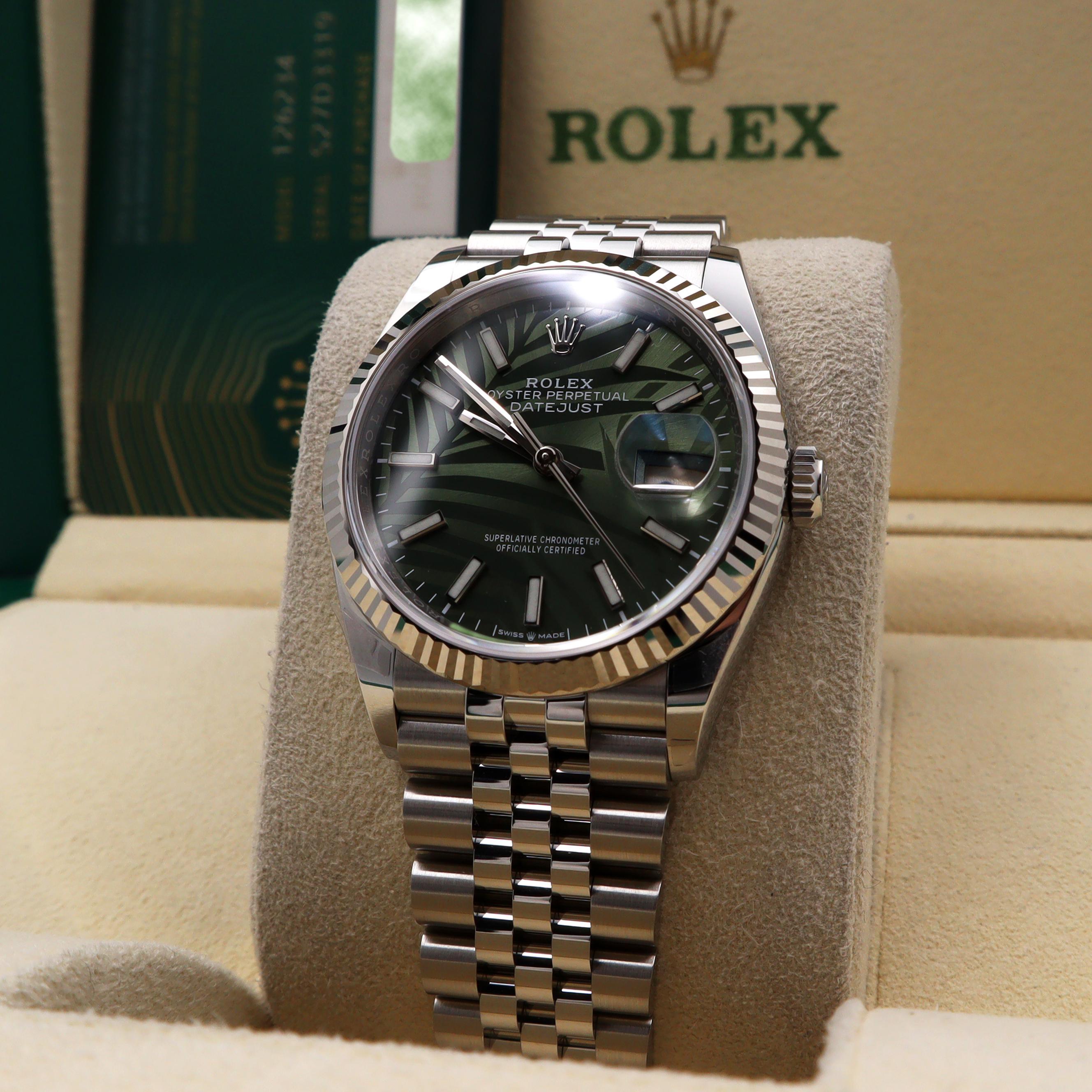 NEW Rolex Datejust 36mm Gold Steel Jubilee Green Palm Motif Dial Watch 126234 For Sale 1