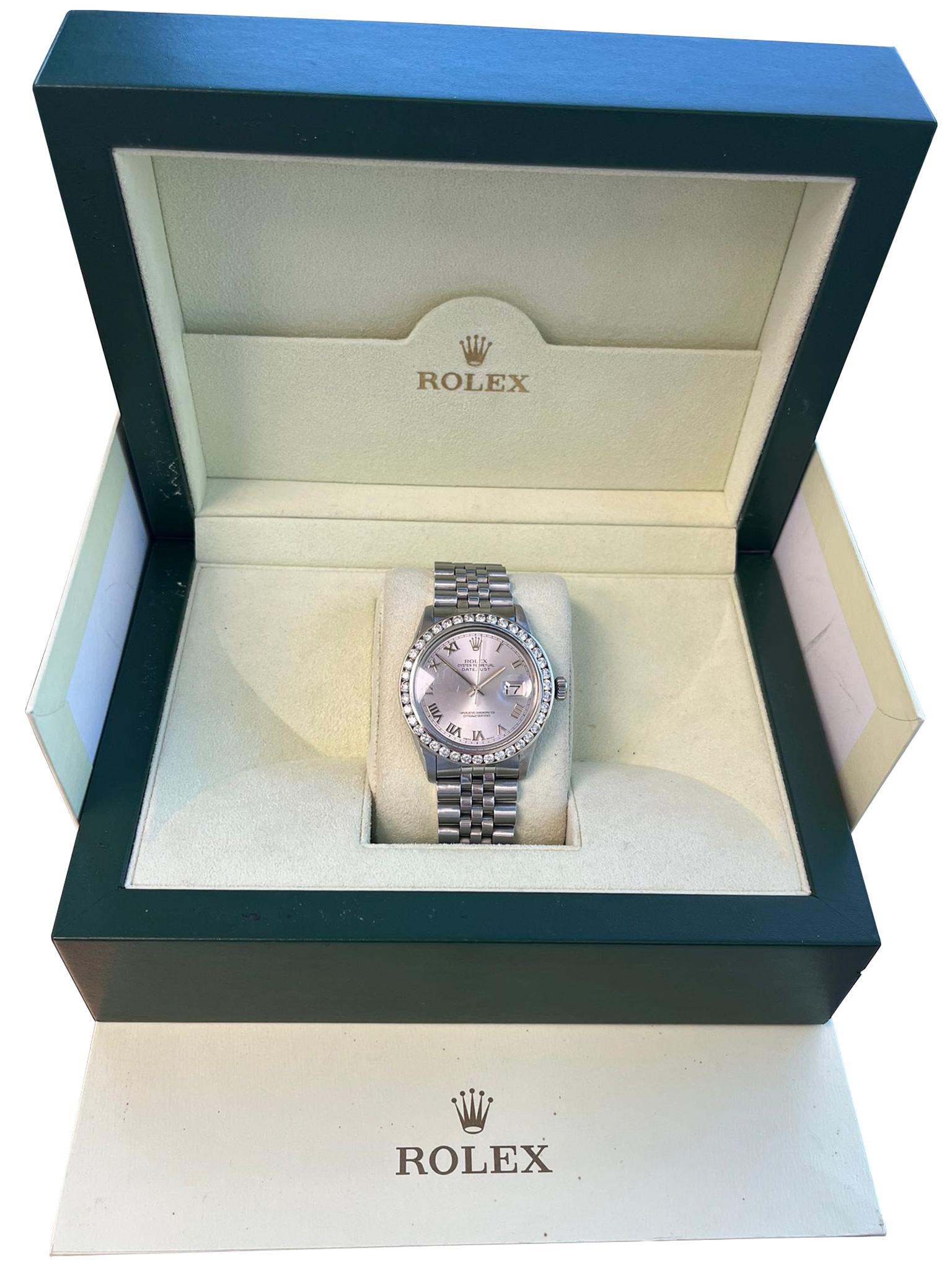 Rolex Datejust Steel Grey Dial White Gold / Steel Vintage Mens Watch 16014. Mouvement automatique. Bracelet Jubilee en acier inoxydable 36 mm. Logo Rolex sur la couronne. Lunette en diamant naturel de 2,5 ct. avec loupe cyclope. Cadran gris.