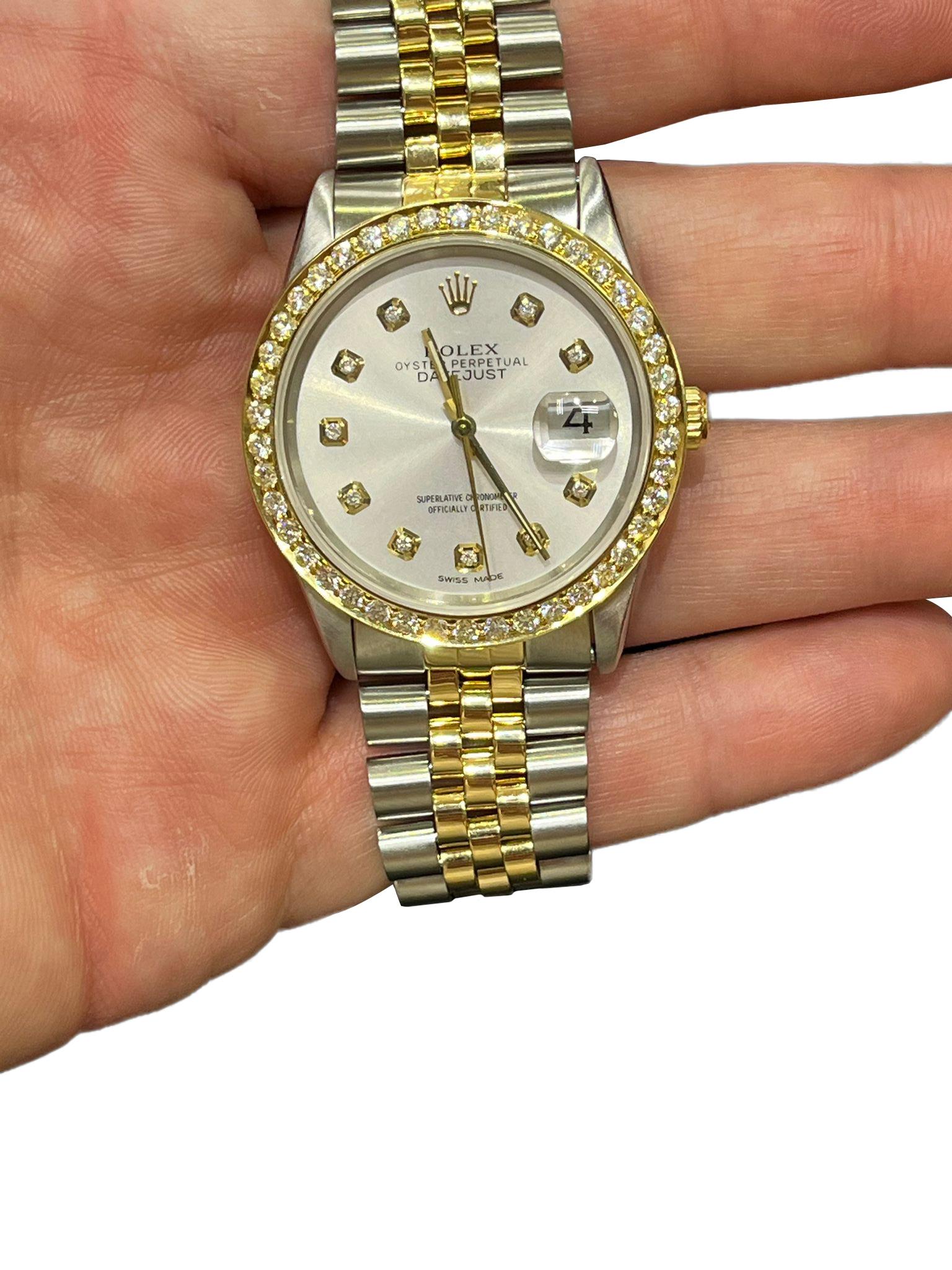 Rolex Datejust 36mm Grey Diamond Dial Steel Yellow Gold Bezel Mens Watch 16233 For Sale 9