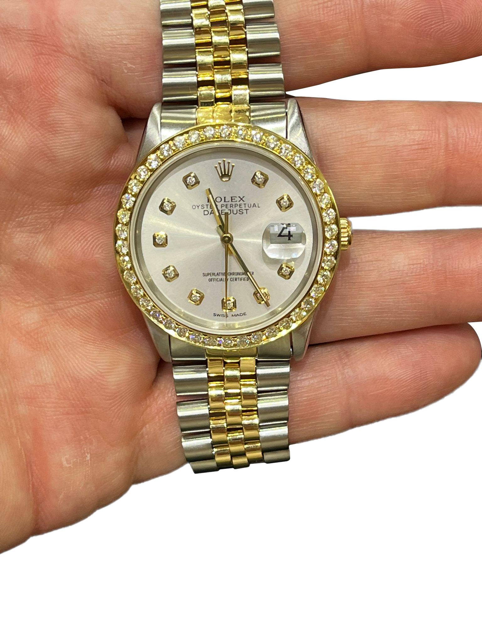 Rolex Datejust 36mm Grey Diamond Dial Steel Yellow Gold Bezel Mens Watch 16233 For Sale 10