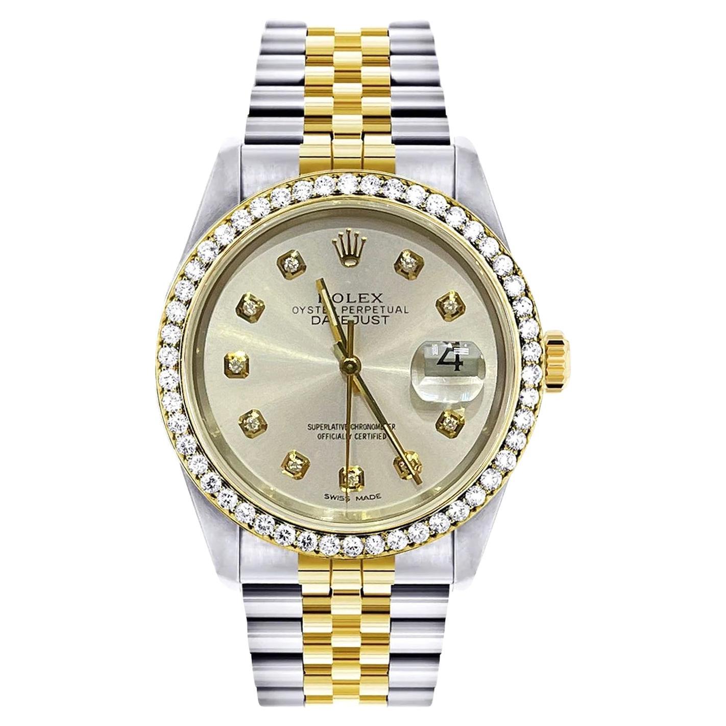 Rolex Datejust 36mm Grey Diamond Dial Steel Yellow Gold Bezel Mens Watch 16233 For Sale