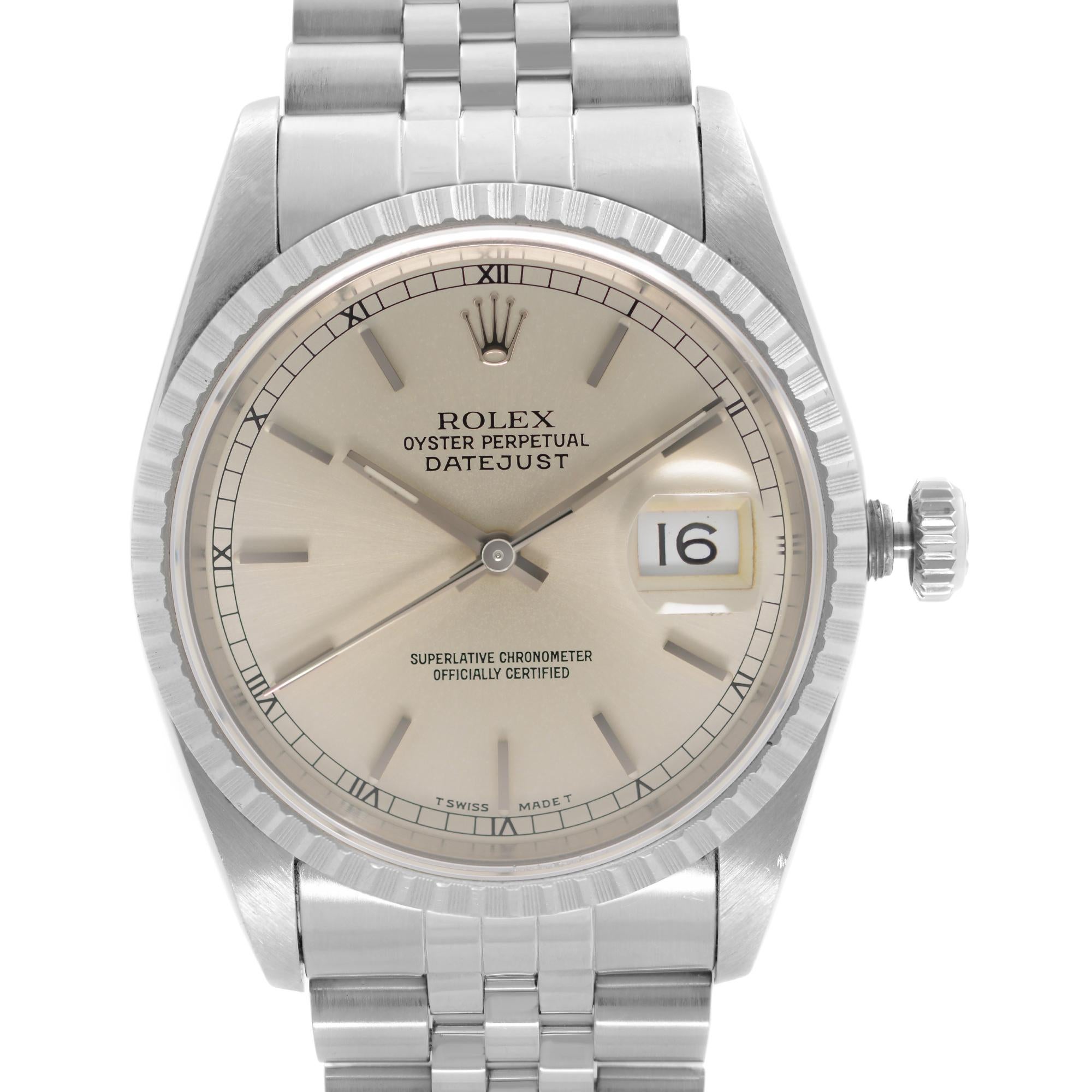 Pre Owned Rolex Datejust 36mm Holes Steel Silver Dial Automatic Men's Watch 16220. This Beautiful Timepiece was Produced in 1991 & is Powered by Mechanical (Automatic) Movement And Features: Round Stainless Steel Case with a Stainless Steel