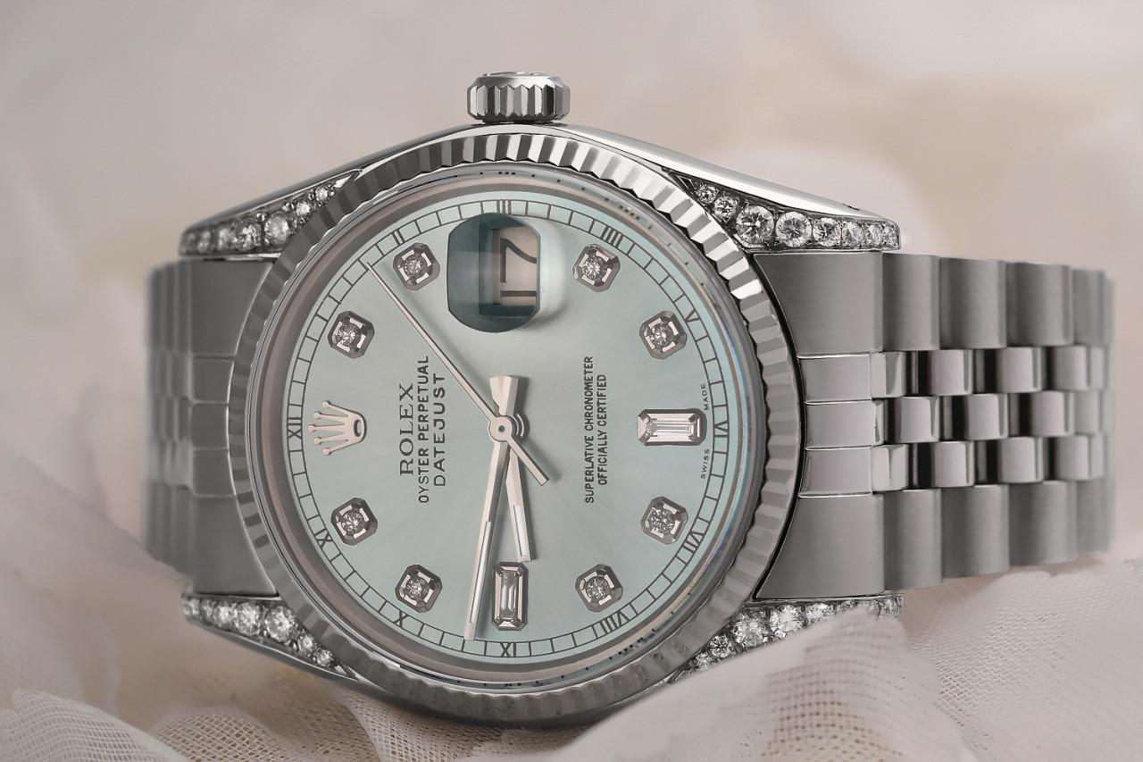 Round Cut Rolex Datejust Ice Blue Dial with Baguette & Round Diamond Dial Watch 16030 For Sale