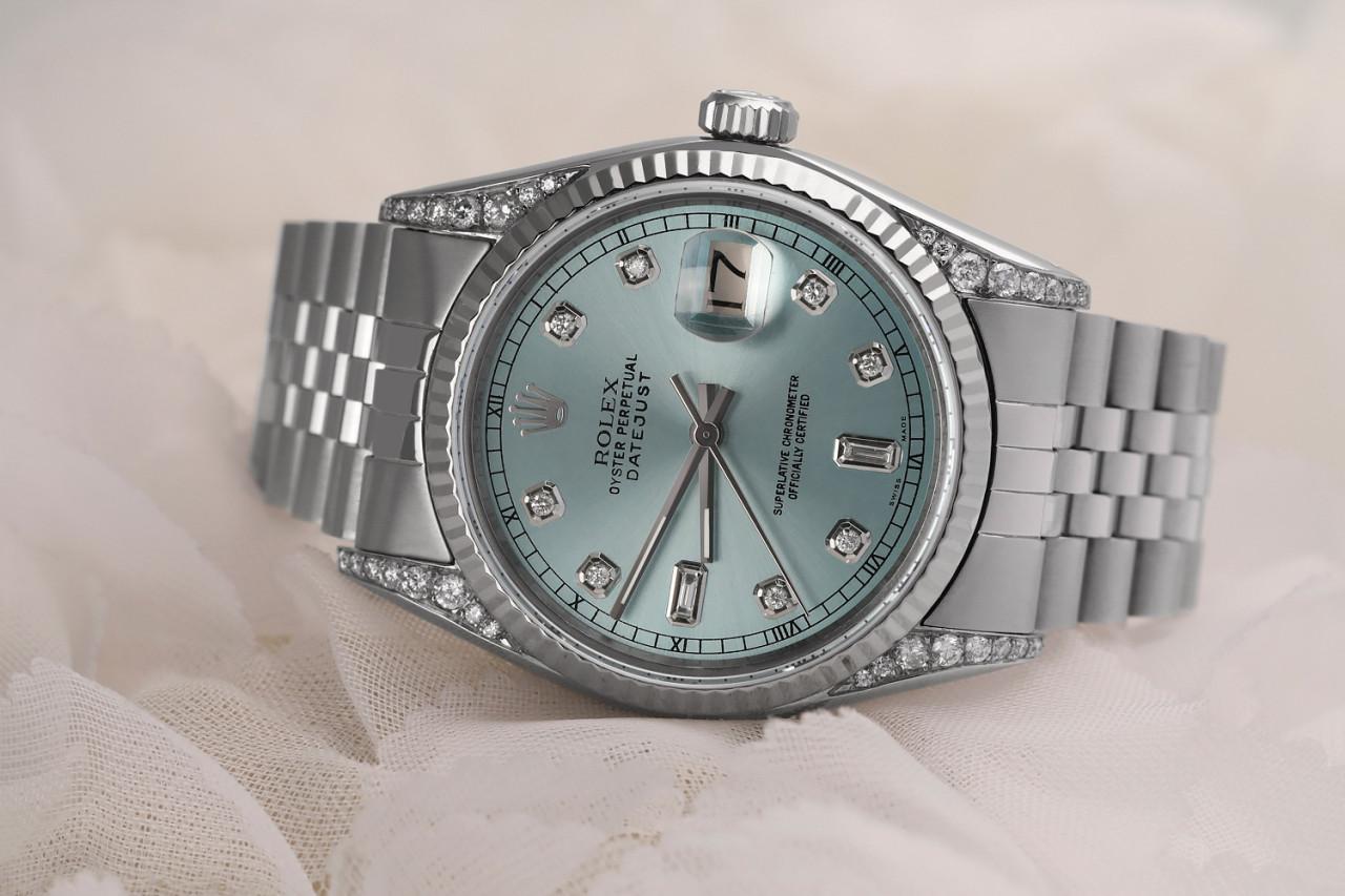 Rolex Datejust Ice Blue Dial with Baguette & Round Diamond Dial Watch 16030 In Excellent Condition For Sale In New York, NY