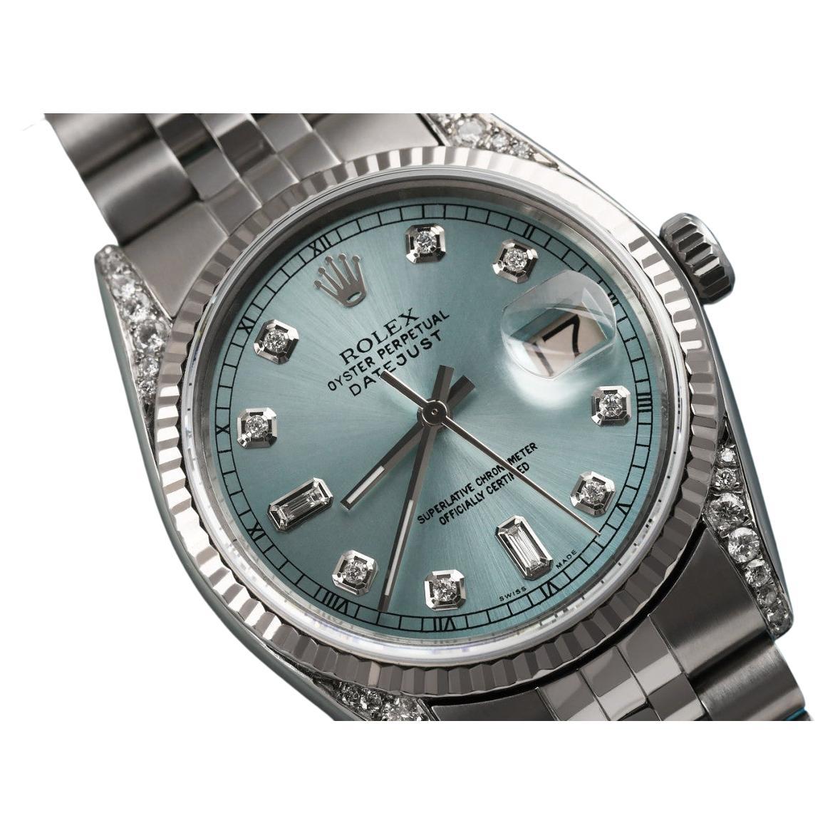 Rolex Datejust Ice Blue Dial with Baguette & Round Diamond Dial Watch 16030 For Sale