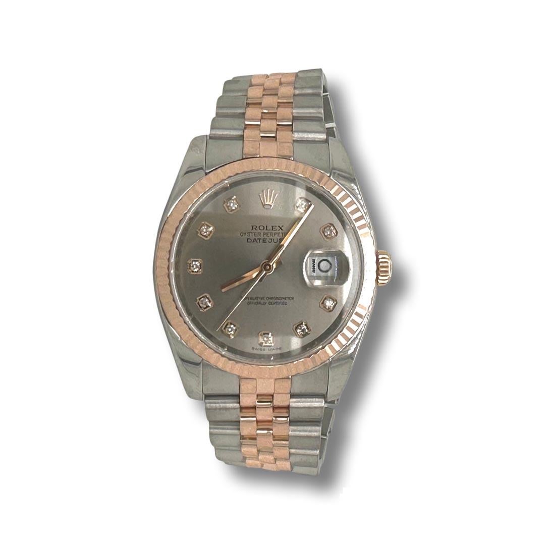 Brand: Rolex

Model Name: Datejust

Model Number: 126231 

Case Size:  36 mm

Dial: Shiny Silver Dial

Bezel: Fluted, 18k Rose Gold

Hour Markers: Round Diamonds

Bracelet: Jubilee, 18k Rose Gold and Stainless Steel 

Year: 2008 -