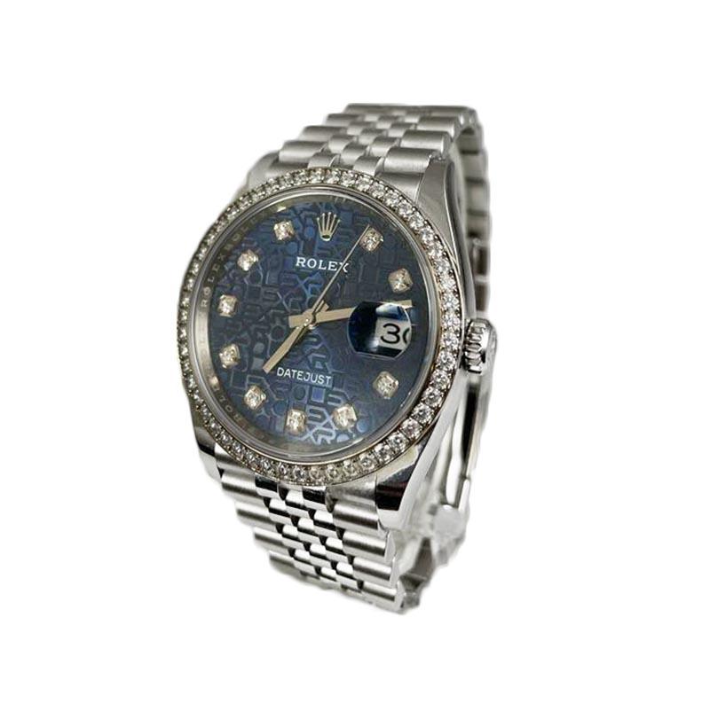 Brand: Rolex 

Model Name: Datejust

Model Number: 126284RBR

Stone: Diamond (Factory)

Movement: Automatic

Case Size: 36 mm

Case Back: Closed 

Case Material:  Stainless Steel

Bezel: 18k White Gold 

Dial: Blue Anniversary with Diamonds