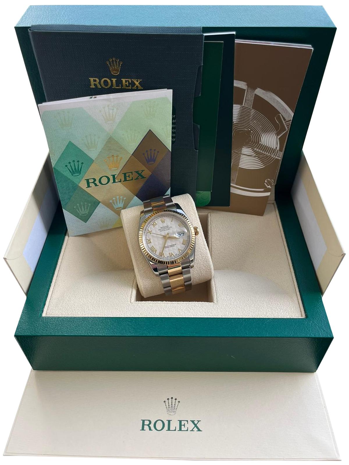 Rolex Datejust 36mm Ivory Pyramid Roman Dial 18K Yellow Gold Steel ...