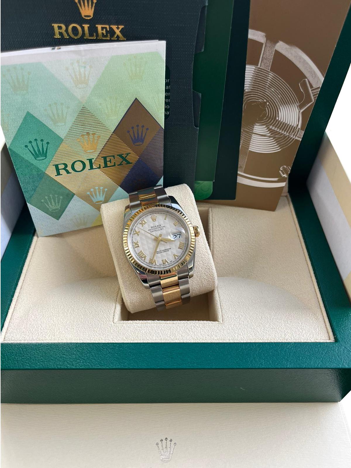 Pyramide Watch Rolex Datejust 36mm Ivory Pyramid Roman Dial 18K Yellow Gold Steel ...