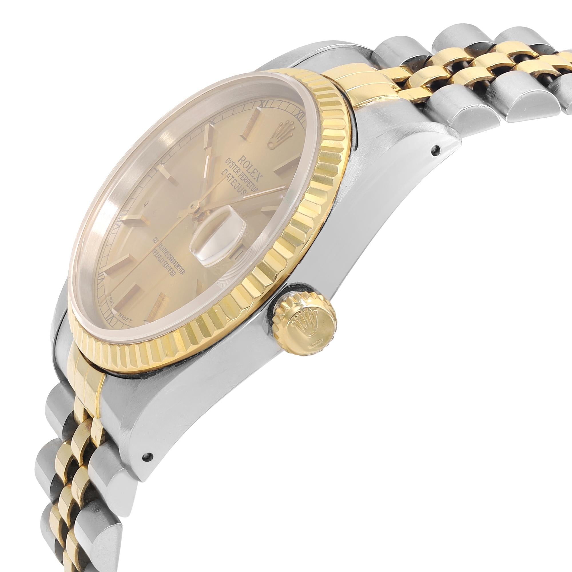 Rolex Montre Datejust 36mm Jubilee avec cadran champagne en acier et or 18 carats pour hommes 16233 Bon état - En vente à New York, NY