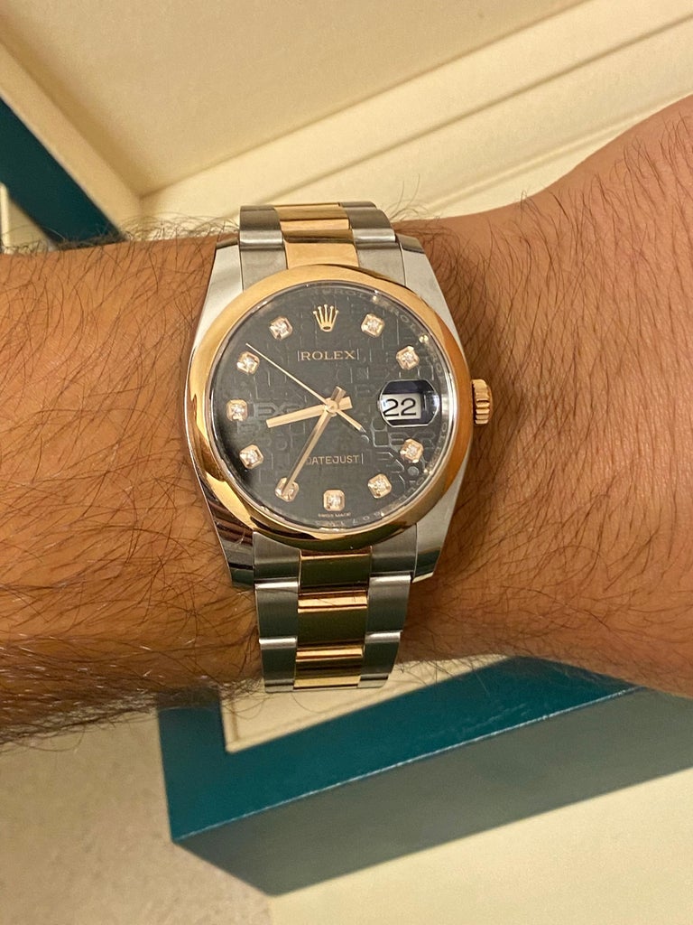 Rolex DateJust Jubilee Black Dial Two-Tone Rose Gold Diamond Hour Markers  For Sale at 1stDibs | datejust two tone black dial
