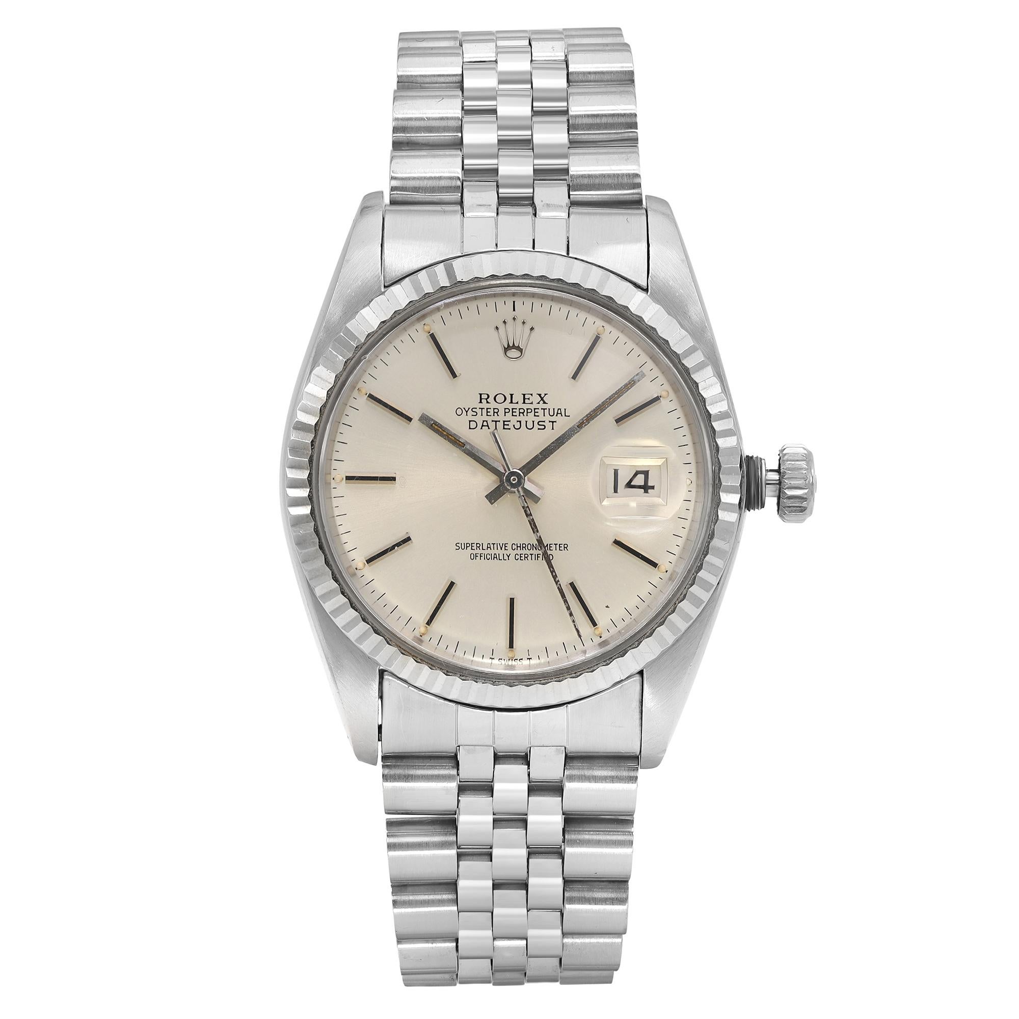 Pre-Owned Rolex Datejust 36mm 16014. The watch was produced in 1979. Heavy Patina on the second hand and minor Patina on the minute hand. Moderate Slack on the bracelet. This Timepiece is Powered by Mechanical (Automatic) Movement and  Features: