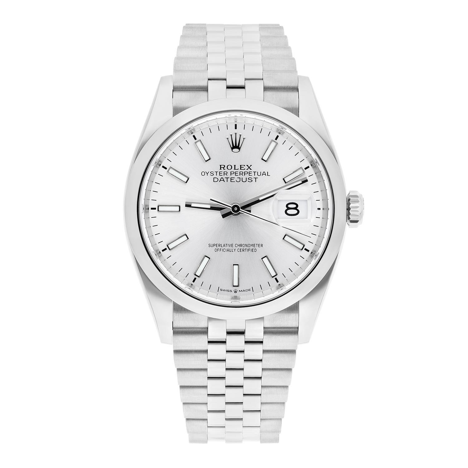 This Rolex Datejust 36mm Jubilee Steel Silver Dial Automatic Mens Watch 126200 is a luxurious timepiece with a Swiss-made mechanical automatic movement. It features a fixed smooth bezel, sunburst dial pattern with stick indexes and luminous hands,
