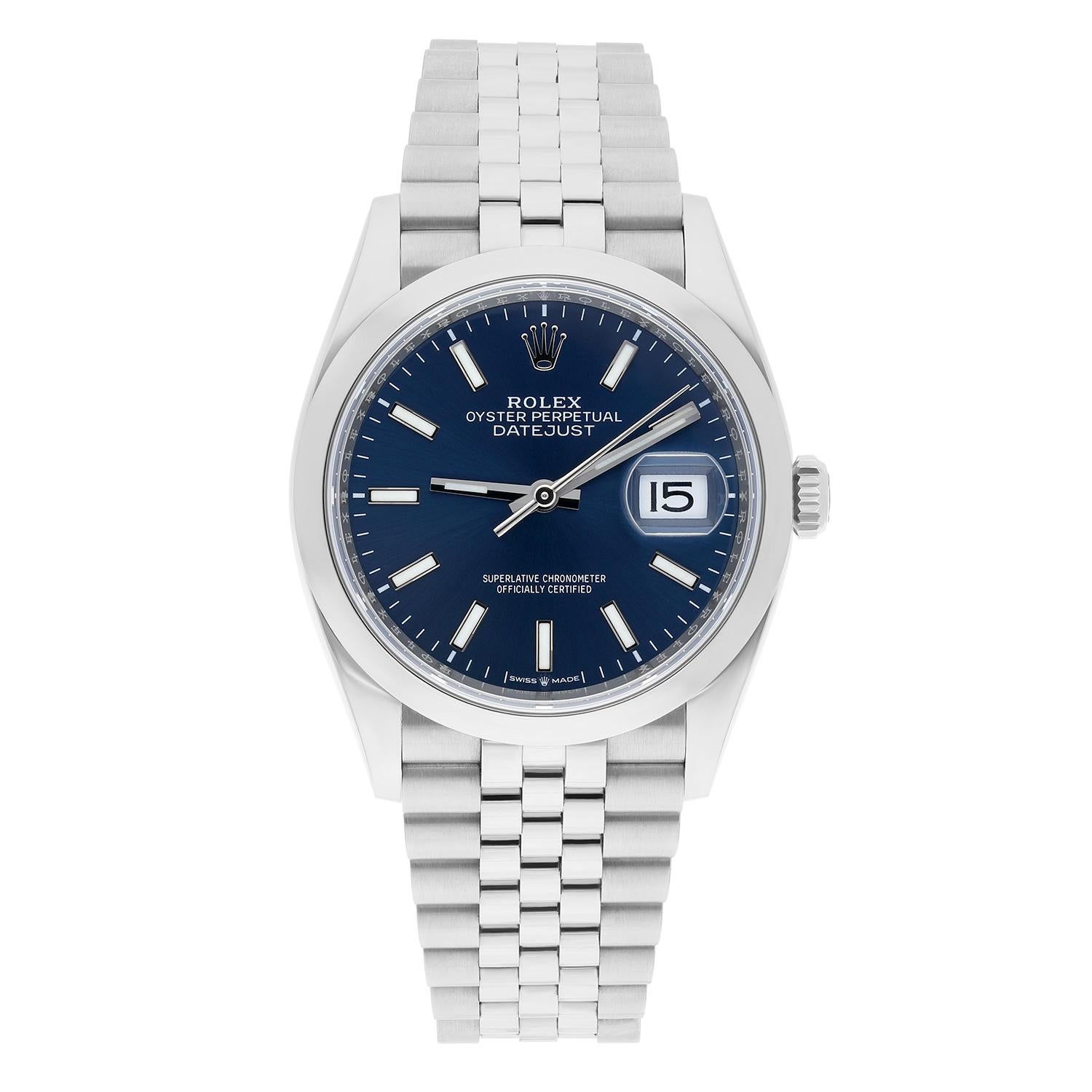 This Rolex Datejust 36mm Jubilee Steel Blue Dial Automatic Mens Watch 126200 is a luxurious timepiece with a Swiss-made mechanical automatic movement. It features a fixed smooth bezel, sunburst dial pattern with stick indexes and luminous hands, and