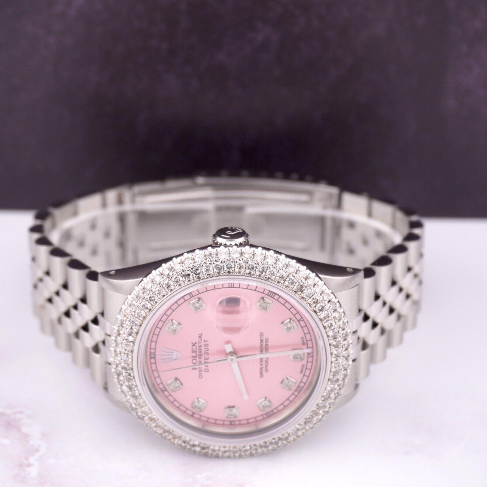 Rolex Datejust 36mm Jubilee Steel Watch ICED 3.50ct Diamonds Pink Dial 16014 In Good Condition For Sale In Pleasanton, CA
