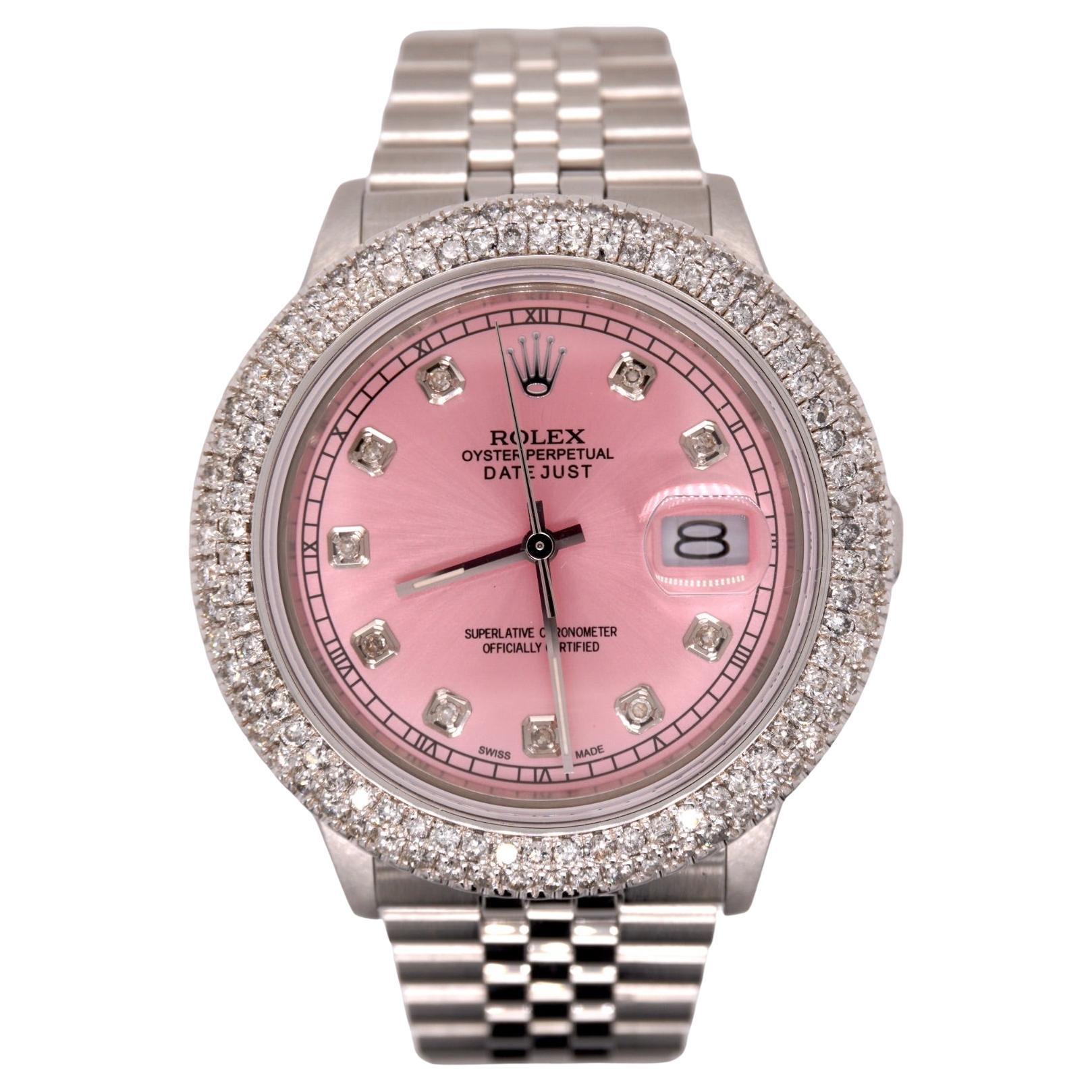 Rolex Datejust 36mm Jubilee Steel Watch ICED 3.50ct Diamonds Pink Dial 16014 For Sale