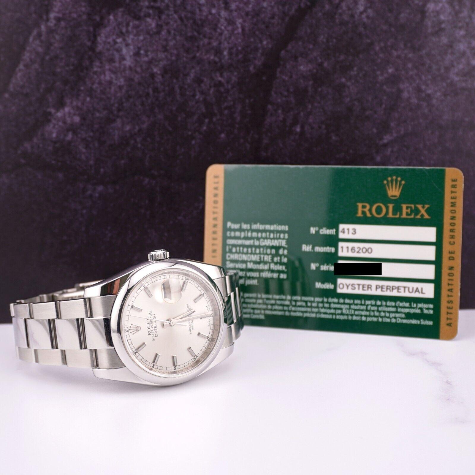 Rolex Datejust 36mm Herren Edelstahl Oyster Silber Zifferblatt Uhr Ref: 116200 im Angebot 1