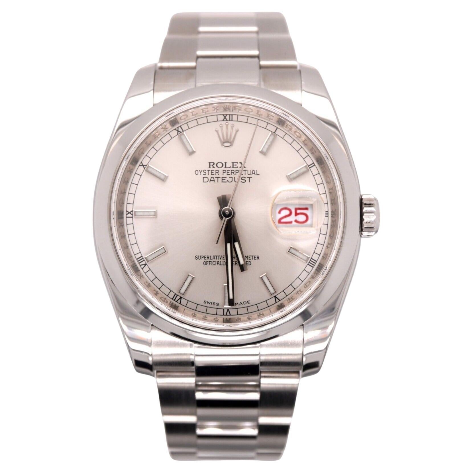 Rolex Datejust 36mm Herren Edelstahl Oyster Silber Zifferblatt Uhr Ref: 116200