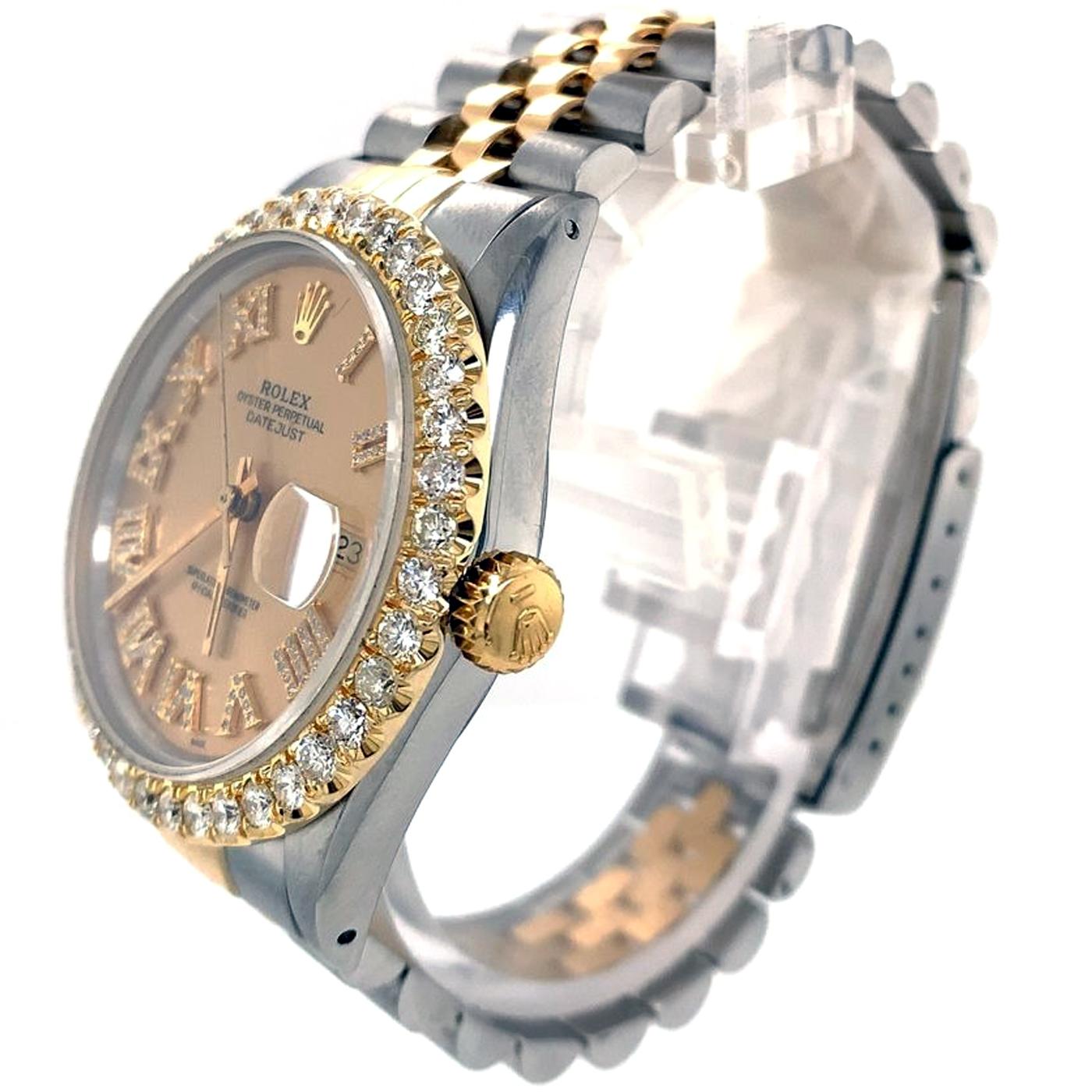 Round Cut Rolex DateJust Mens Yellow Gold Steel Jubilee 3 CT Diamond Dial Watch 16013