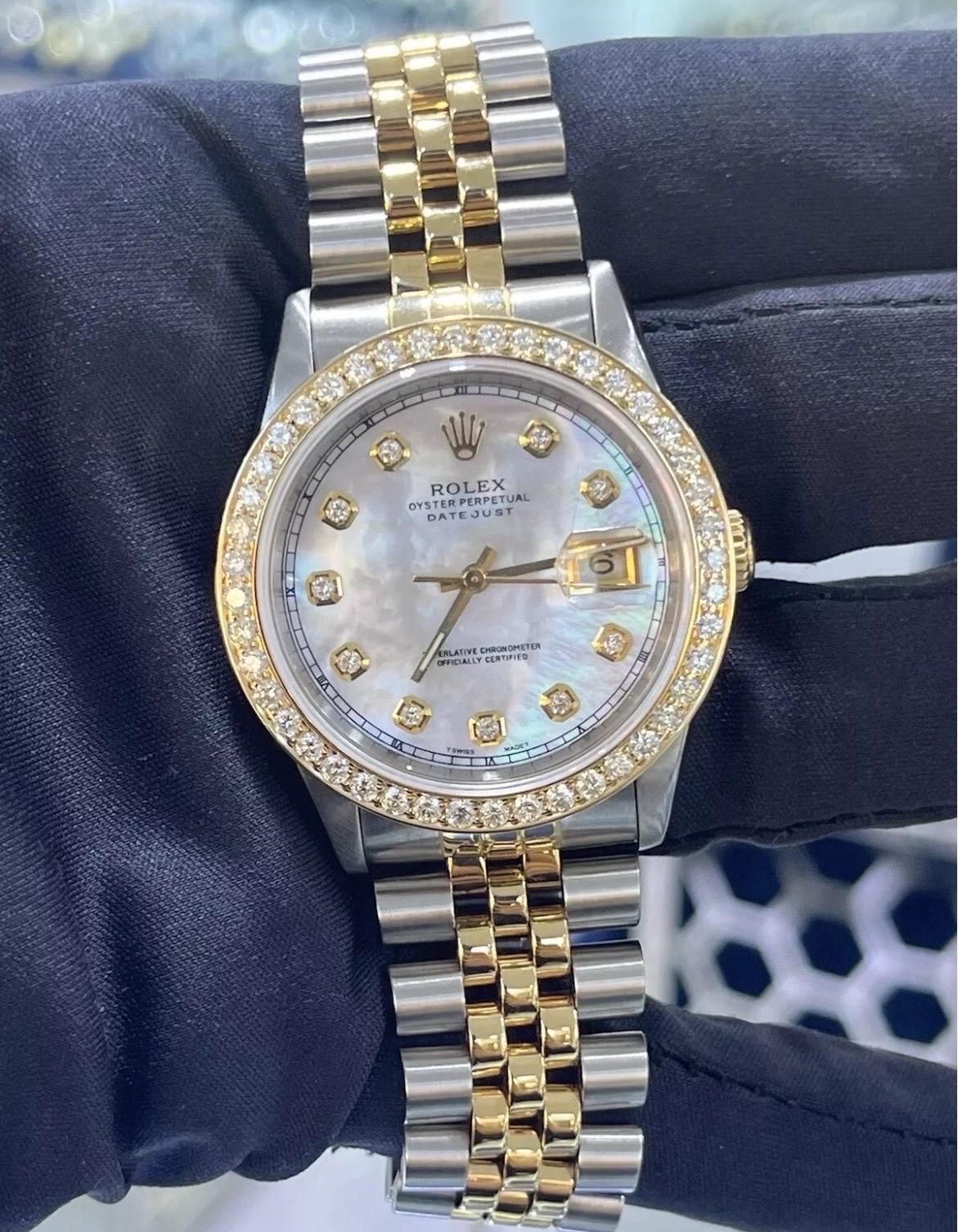 Rolex Montre DateJust 36mm avec cadran MOP et lunette en or 18K et acier Jubilee 16233 en vente 5