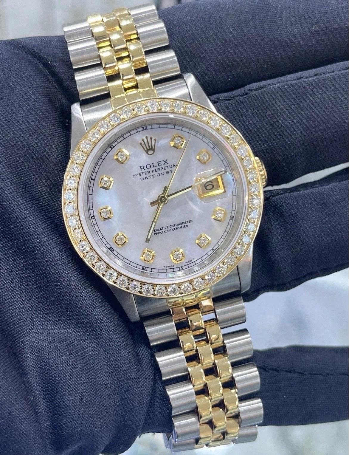 Rolex Montre DateJust 36mm avec cadran MOP et lunette en or 18K et acier Jubilee 16233 en vente 6