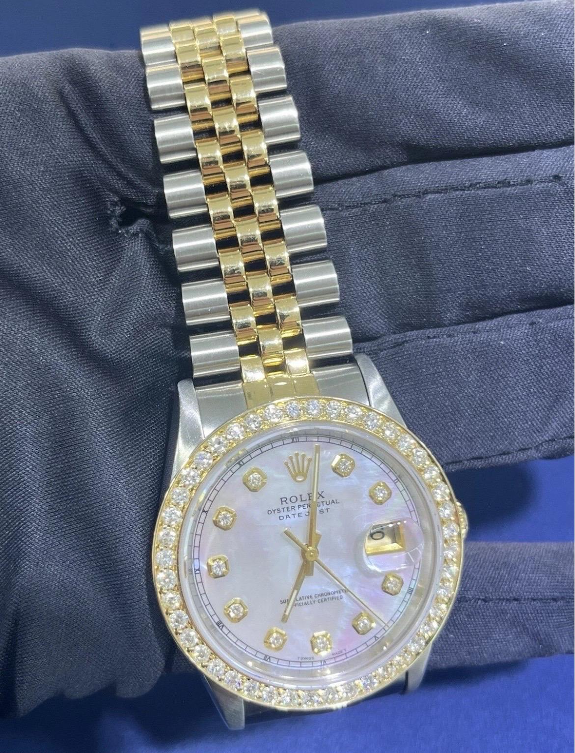 Rolex Montre DateJust 36mm avec cadran MOP et lunette en or 18K et acier Jubilee 16233 en vente 7