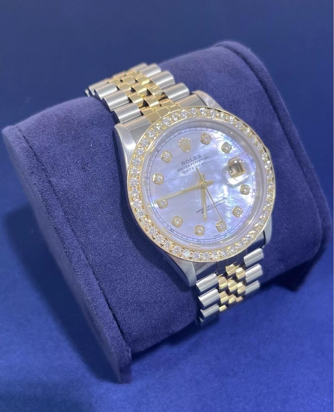 Taille ronde Rolex Montre DateJust 36mm avec cadran MOP et lunette en or 18K et acier Jubilee 16233 en vente