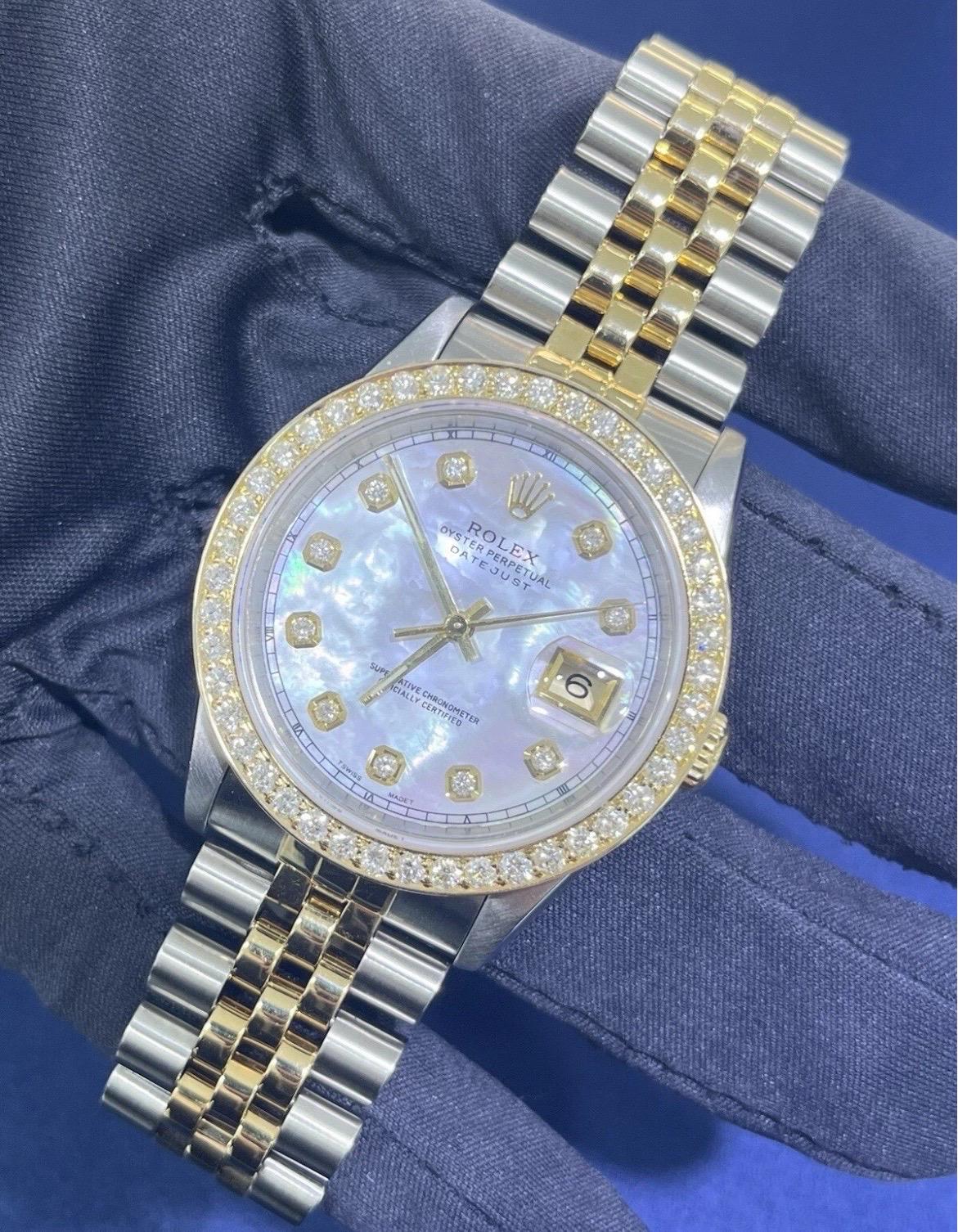 Rolex Montre DateJust 36mm avec cadran MOP et lunette en or 18K et acier Jubilee 16233 en vente 3